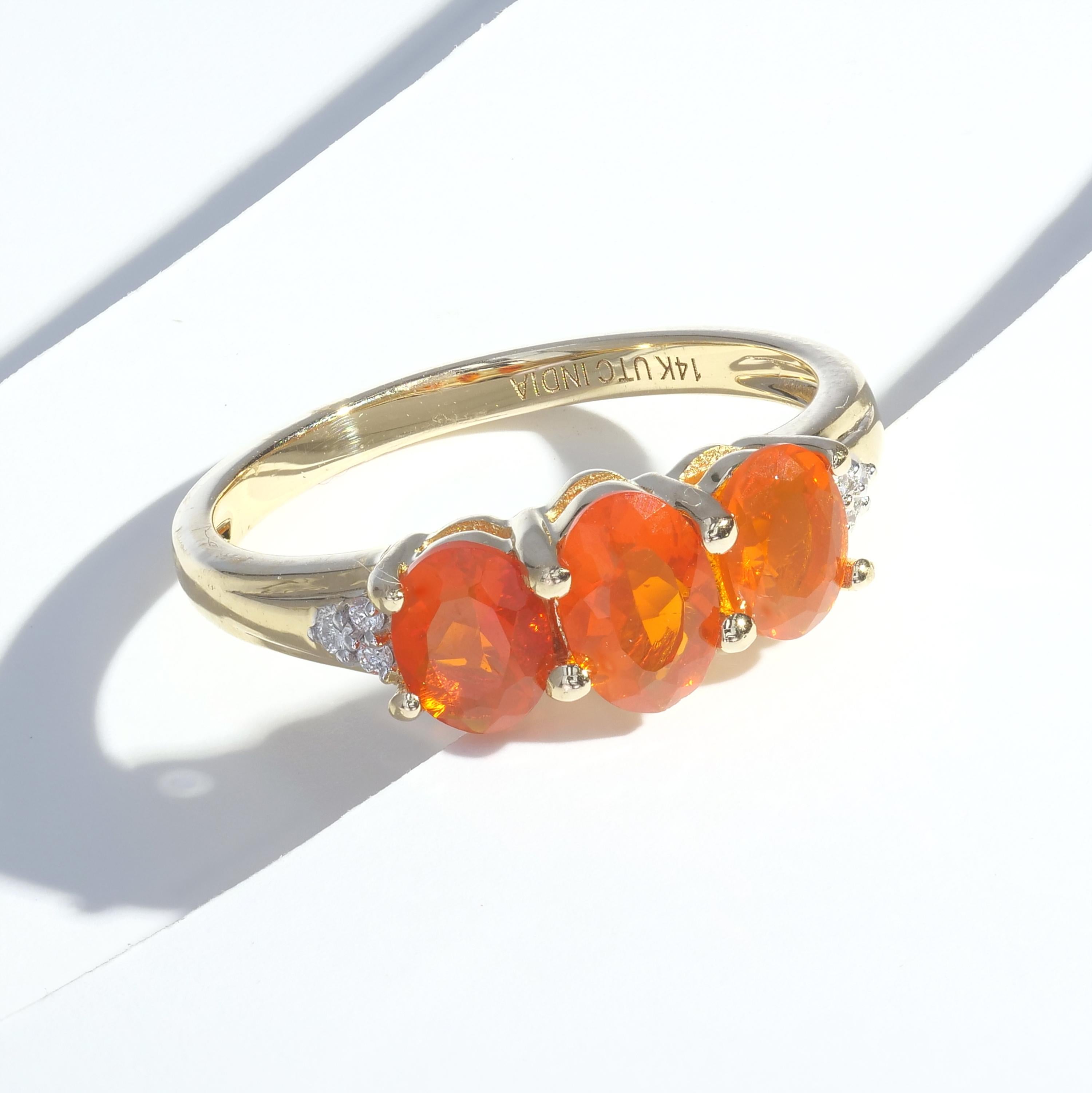Contemporary Gemistry 0.74 Ct. T.W Fire Opal & Diamond Accent Three Stone Ring in 14K Gold