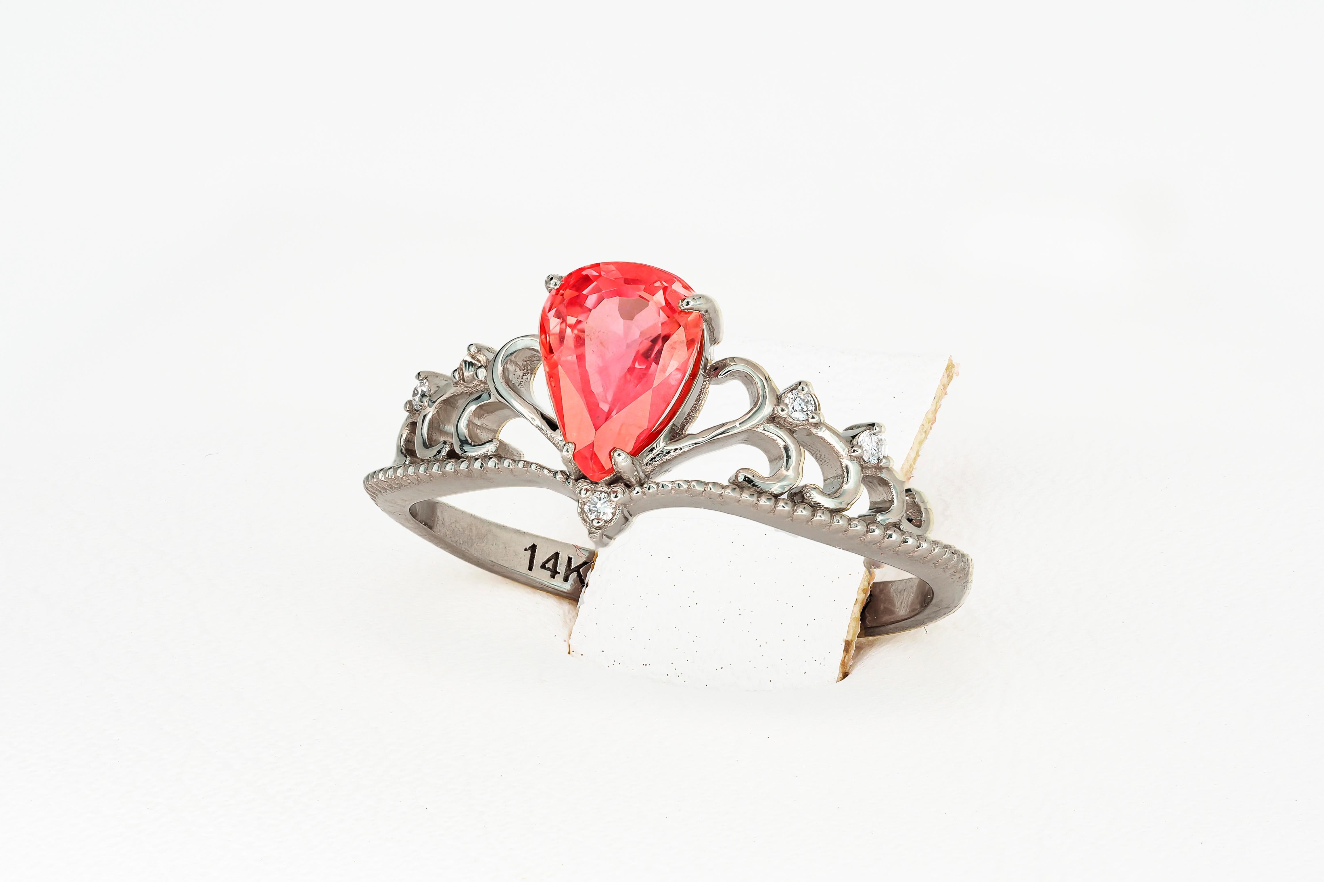 For Sale:  14 Karat Gold Tiara Ring with Pink Tourmaline and Diamonds. 2