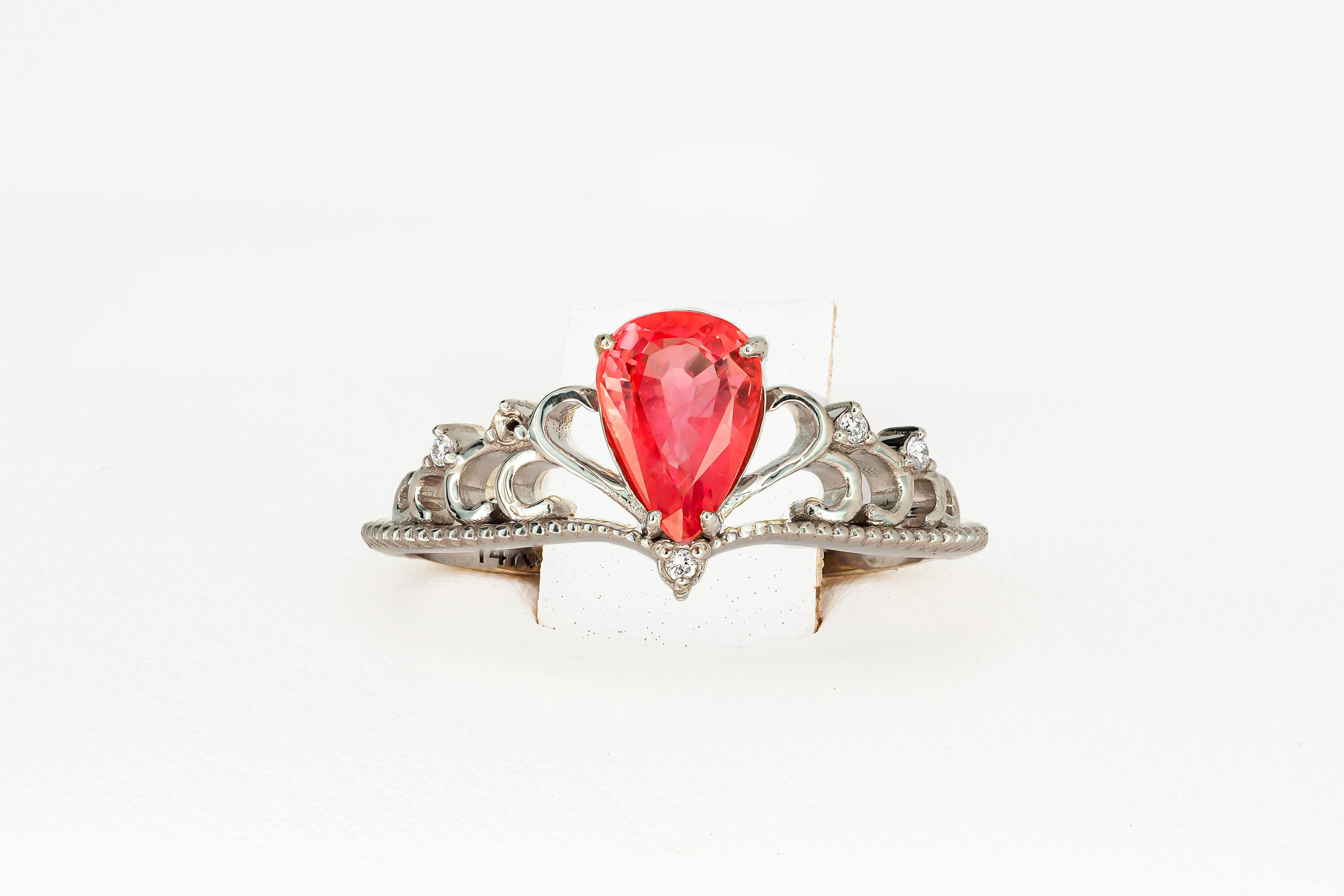 For Sale:  14 Karat Gold Tiara Ring with Pink Tourmaline and Diamonds. 3