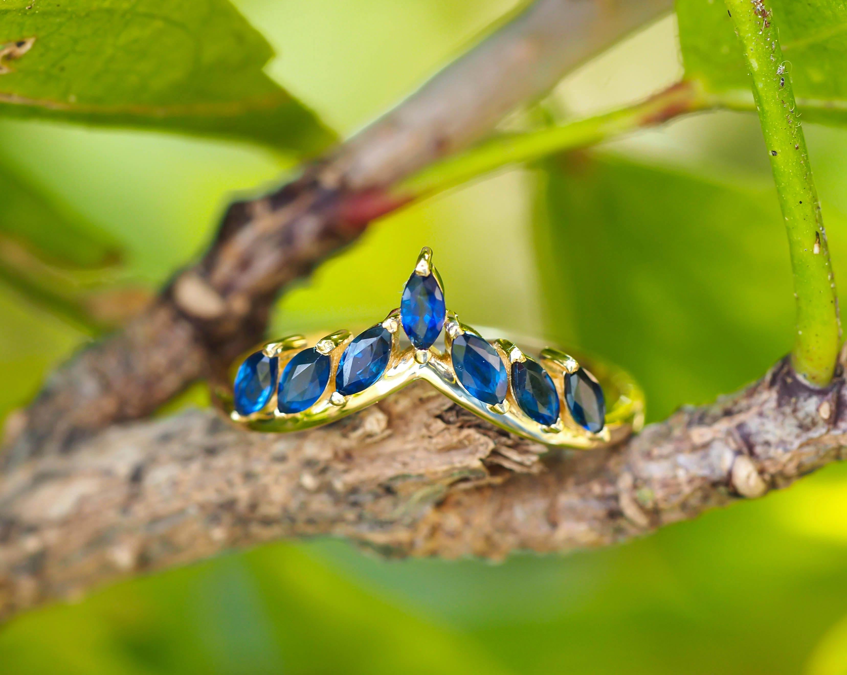 For Sale:  14 Karat Gold Tiara Ring with Genuine Sapphires 8