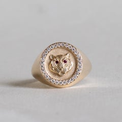 14k Gold Tiger Diamond Signet Ring With Ruby Eyes