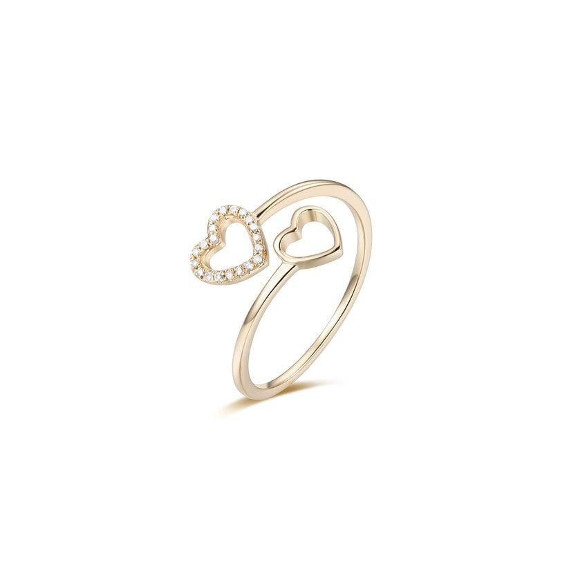 For Sale:  Open Double Heart Pave Round Diamond 14K Yellow Gold Ring 4