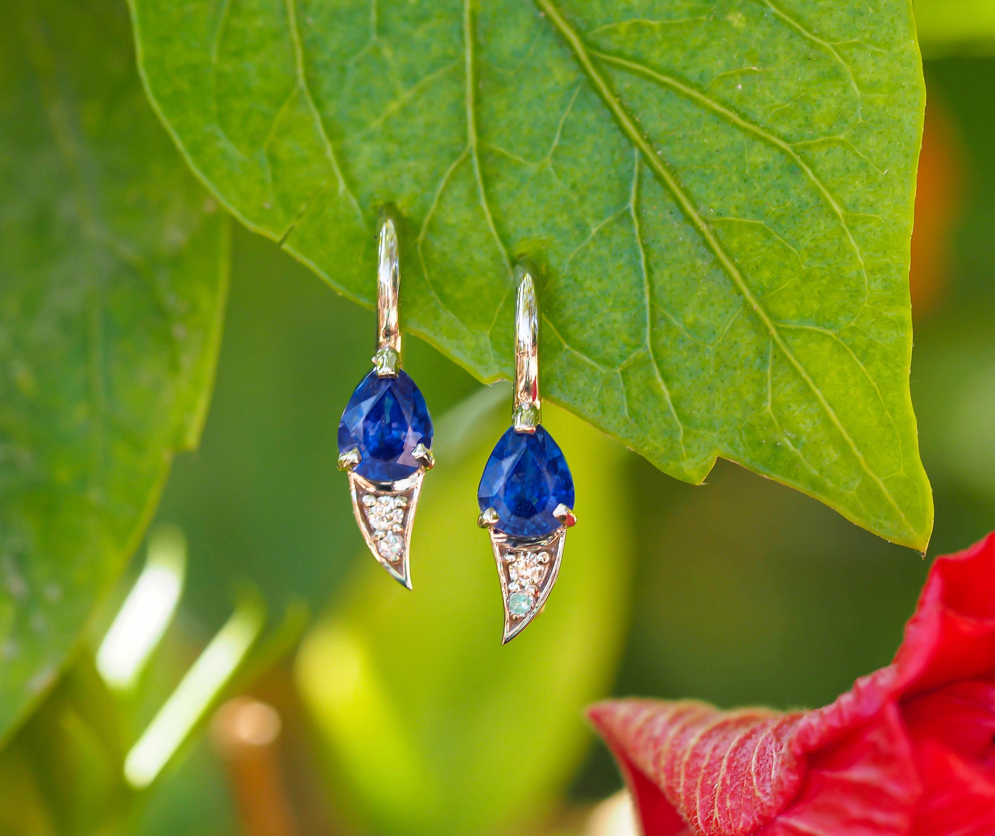 Pear Cut 14k Gold Tiny Earrings with Sapphires and Diamonds! For Sale