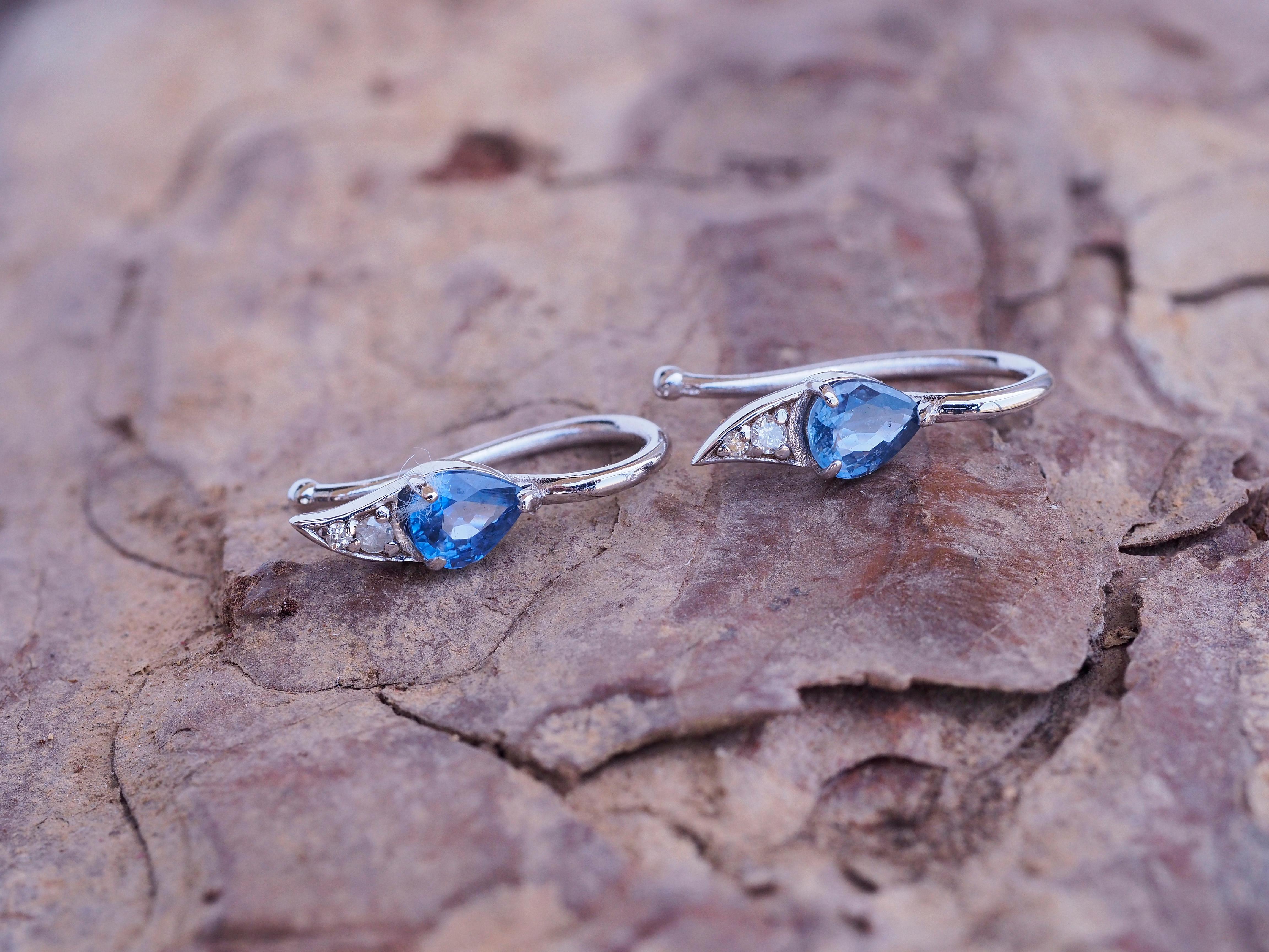 14k Gold Tiny Earrings with Sapphires and Diamonds! For Sale 1