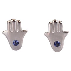 14k Gold Tiny Hamsa Hand Earrings Blue Sapphire Gemstone Earrings