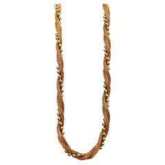 14k Gold Tone Braided Mesh Rope Necklace With Round Beads circa 1970s