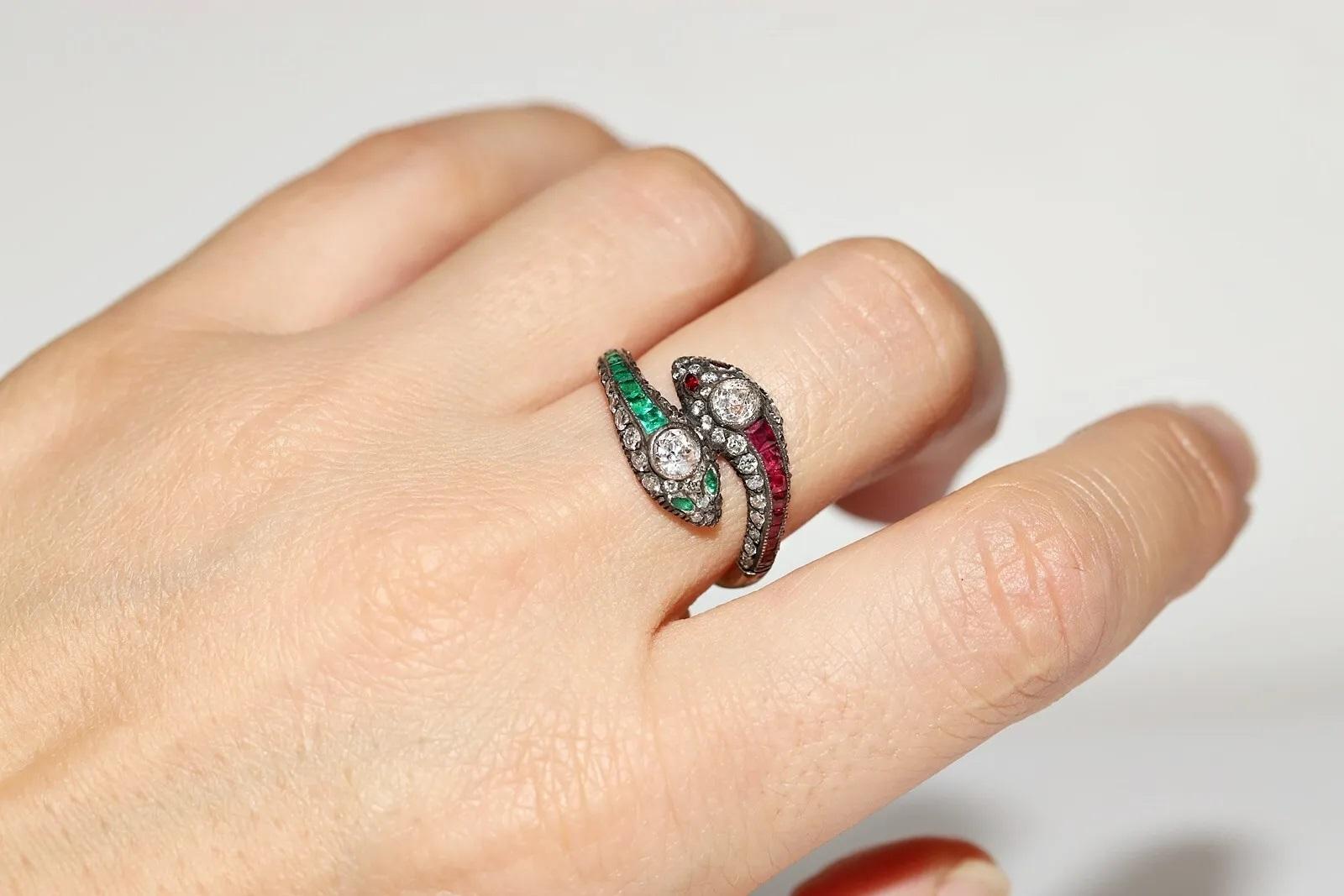  14k Gold Top Silver Natural Diamond And Caliber Ruby And Emerald Snake Ring For Sale 7