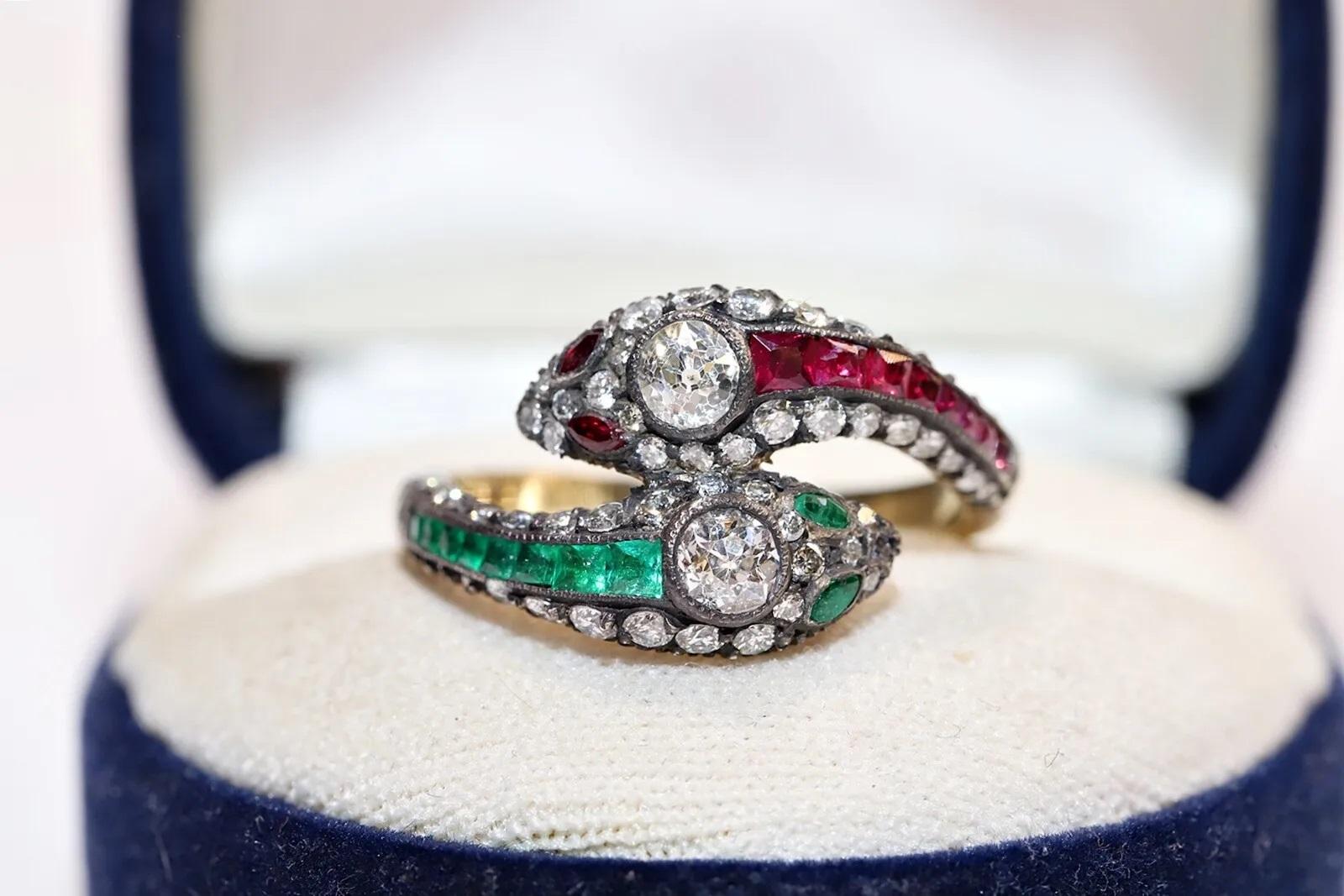  14k Gold Top Silver Natural Diamond And Caliber Ruby And Emerald Snake Ring For Sale 8