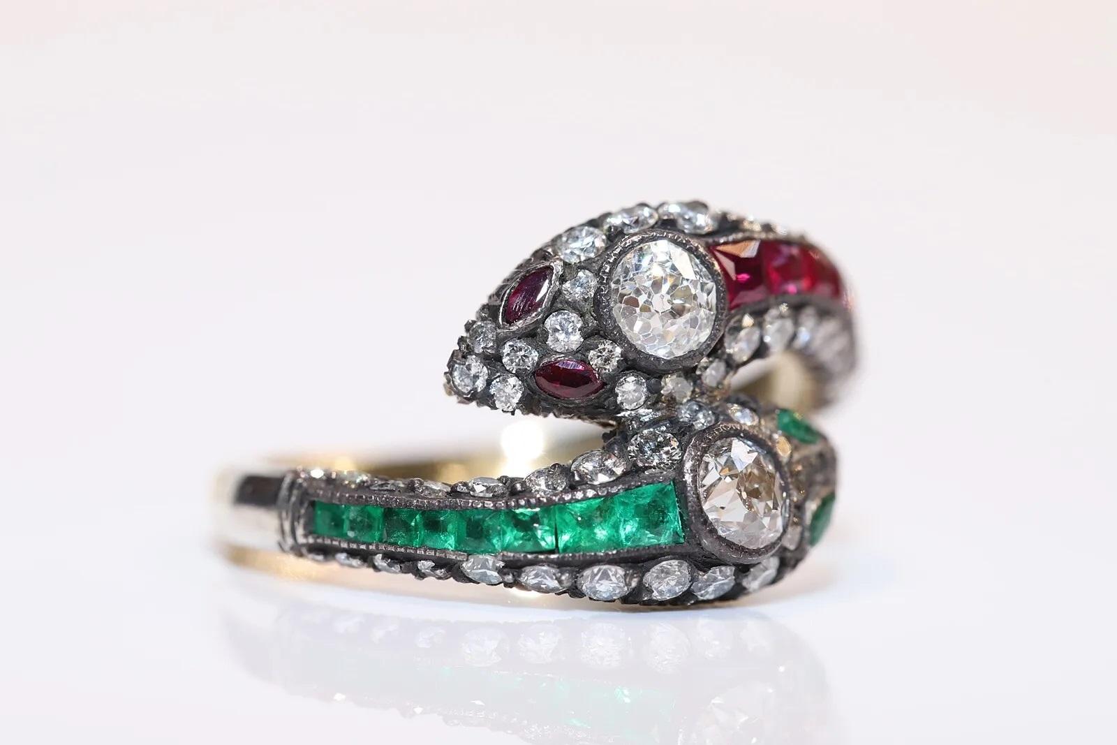 Modern  14k Gold Top Silver Natural Diamond And Caliber Ruby And Emerald Snake Ring For Sale