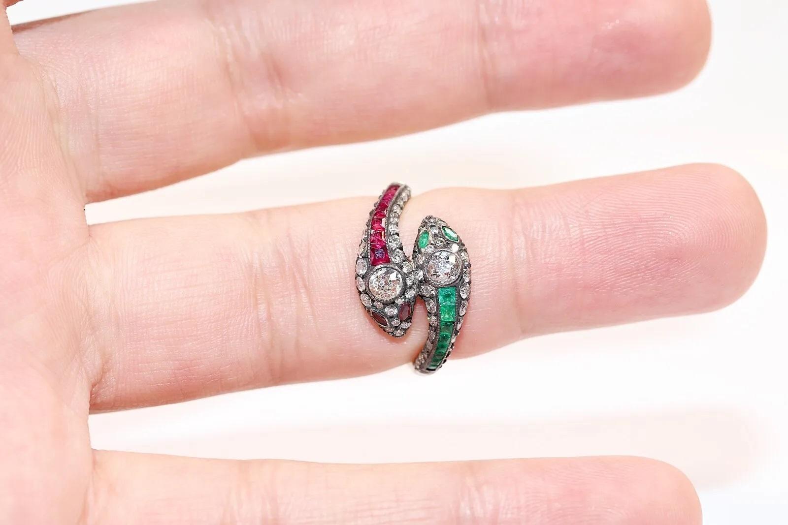  14k Gold Top Silver Natural Diamond And Caliber Ruby And Emerald Snake Ring For Sale 1
