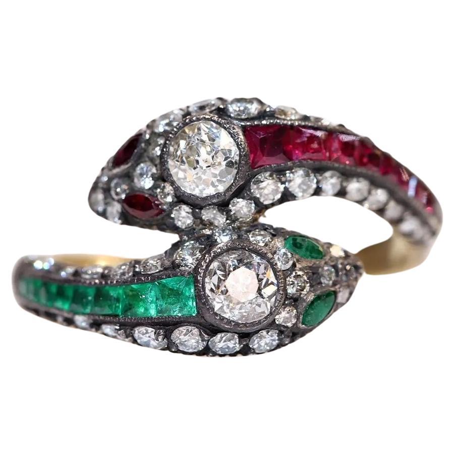  14k Gold Top Silver Natural Diamond And Caliber Ruby And Emerald Snake Ring For Sale