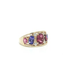 14k Gold Tourmaline Garnet Tanzanite & Diamonds Wide Colorful Band Ring