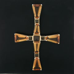 14k Gold Trapezoid & Sugarloaf Cabochon Cut Citrine Large Cross Slide Pendant