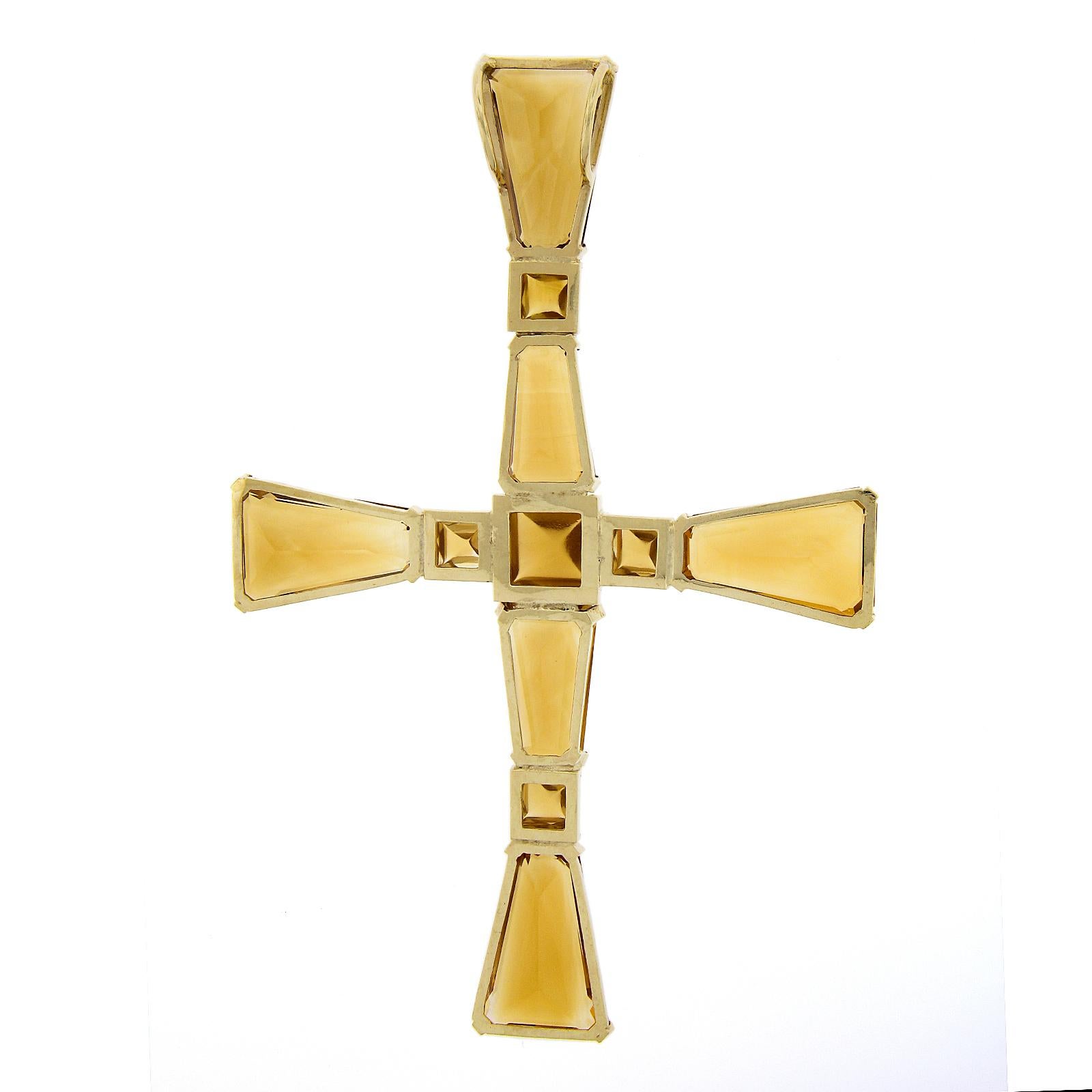 Trapezoid Cut 14k Gold Trapezoid & Sugarloaf Cabochon Cut Citrine Large Cross Slide Pendant For Sale