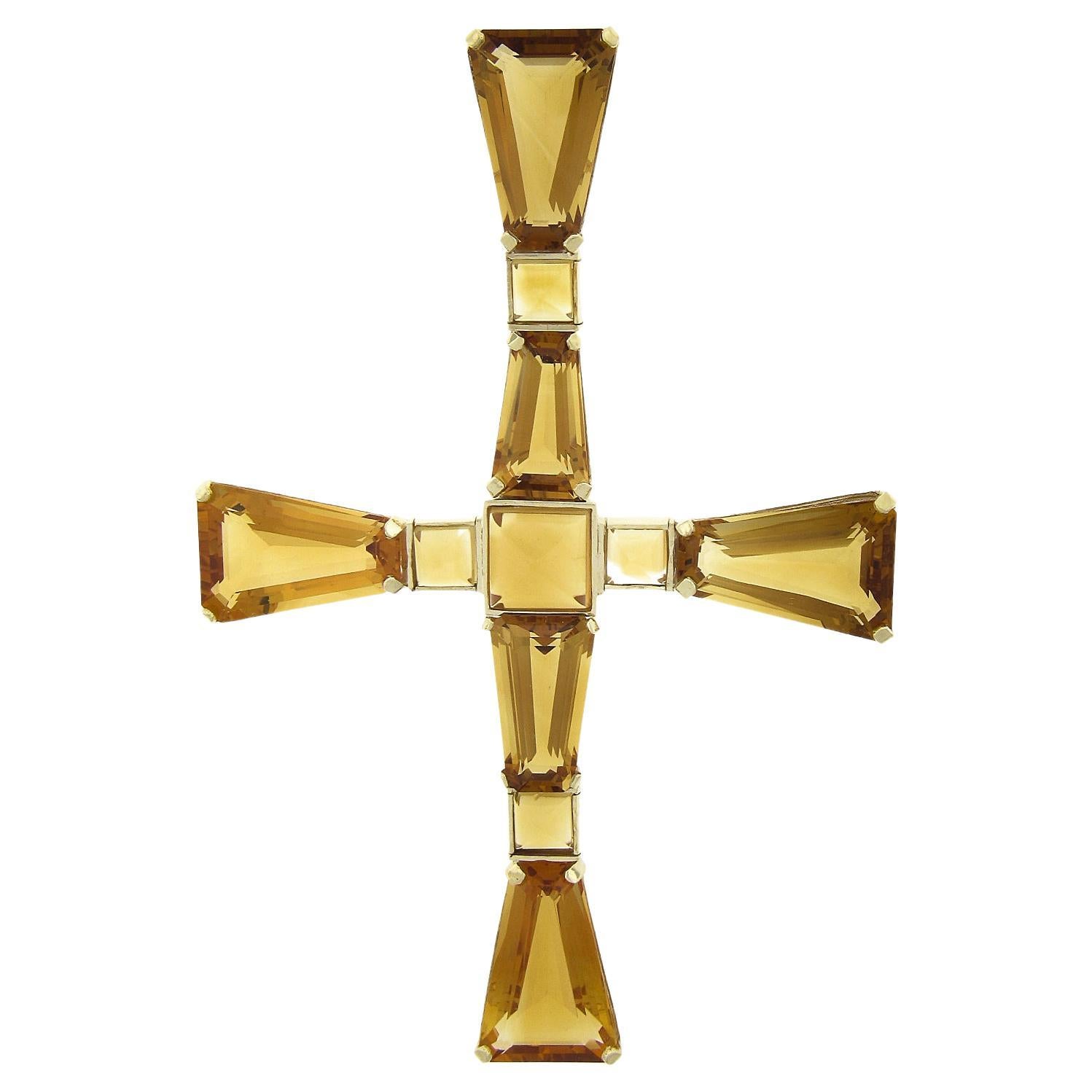 14k Gold Trapezoid & Sugarloaf Cabochon Cut Citrine Large Cross Slide Pendant For Sale