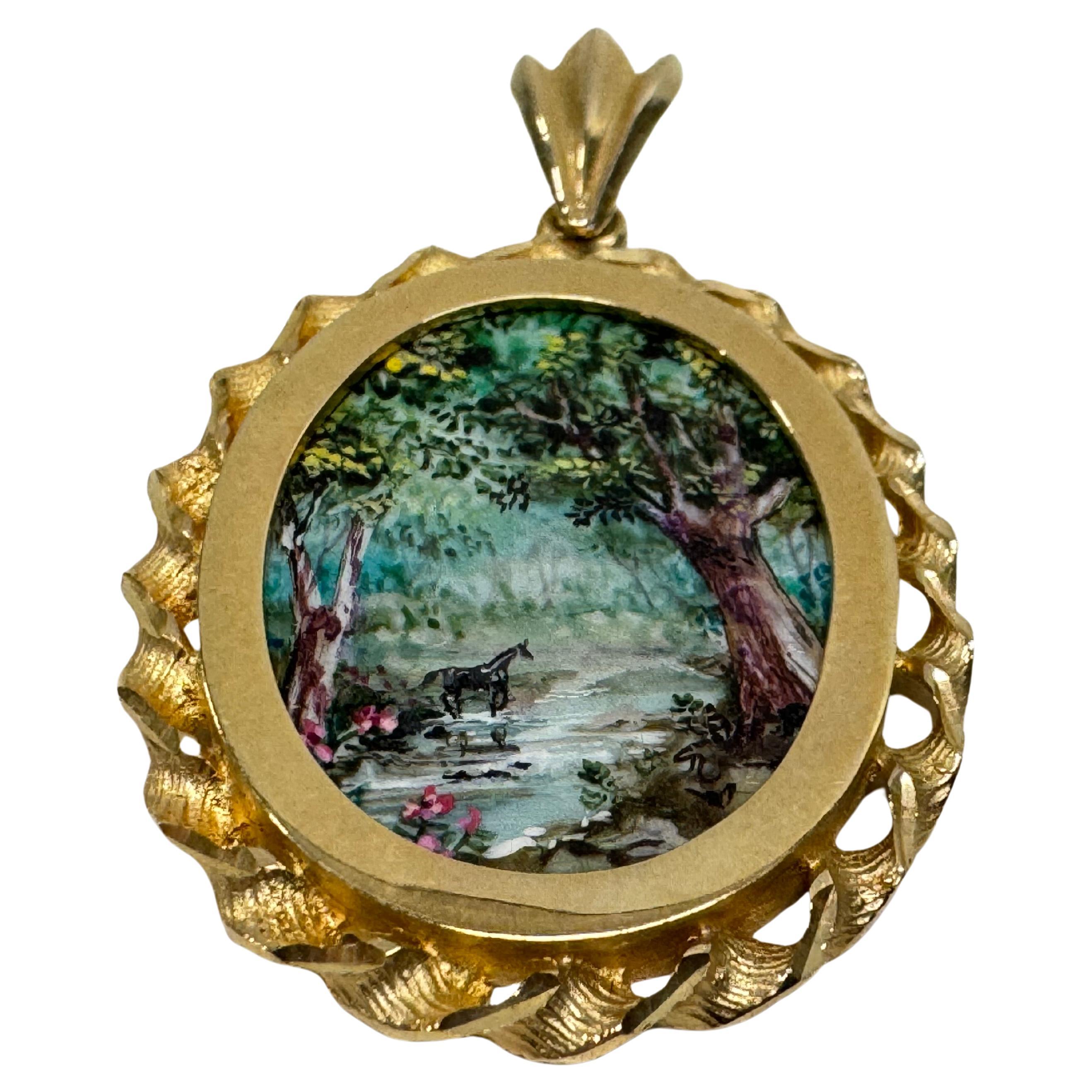 14k Gold "Tree, Creek & Horse" Masterpiece Hand Painted MOP Pendant #802