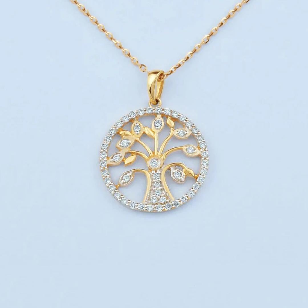 Taille ronde Collier arbre de vie en or 14 carats, collier spirituel et pendentif en vente