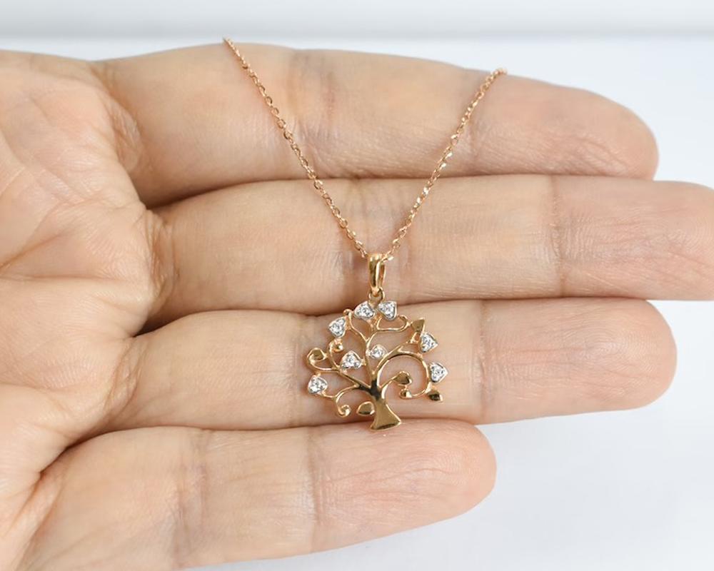 Round Cut 14k Gold Tree of Life Pendant Necklace Diamond Spiritual Delicate Necklace For Sale