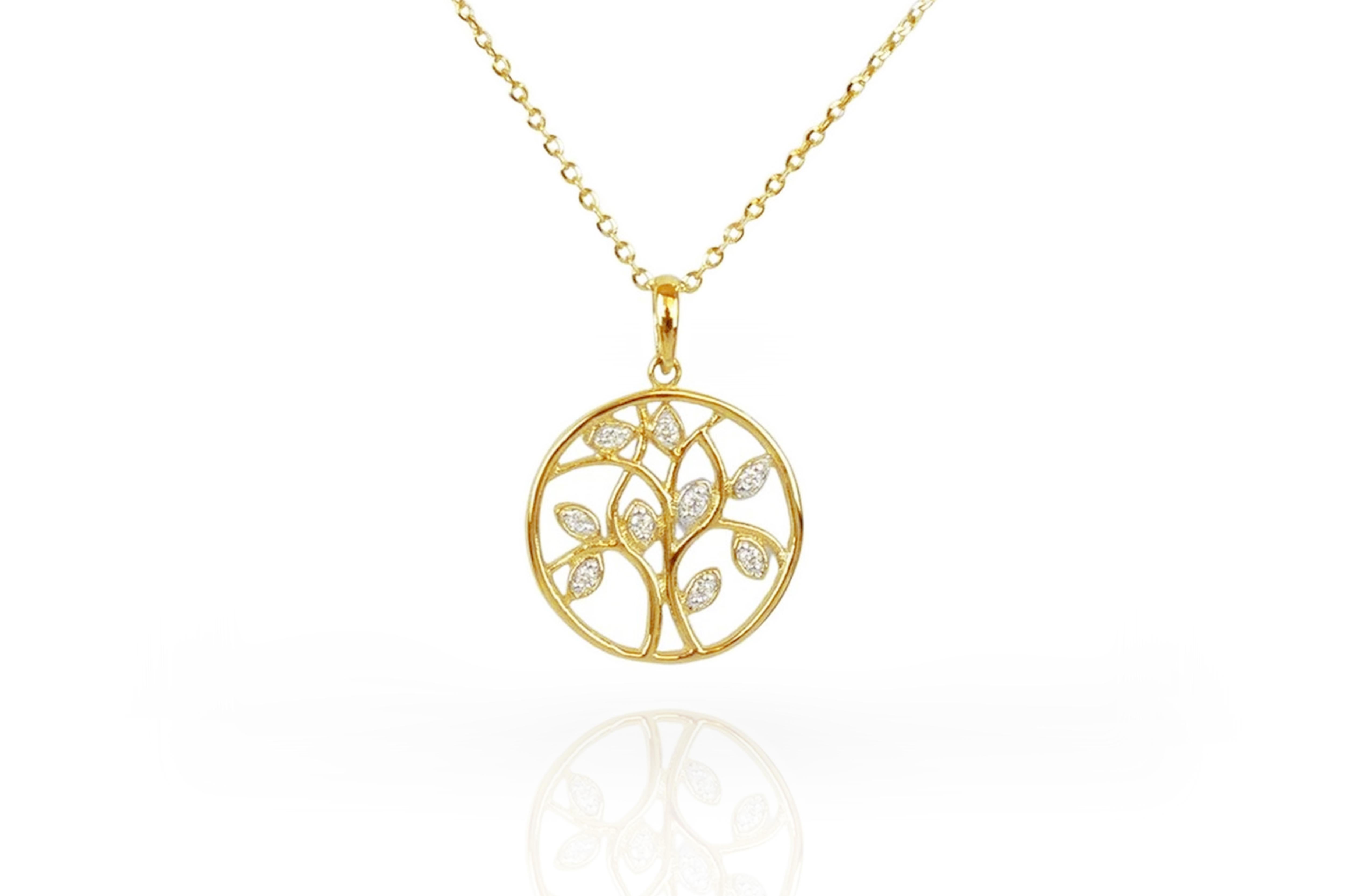 Tree of Life Pendent with Diamond Accents Floating On Delicate Thin Gold Chain is made of 14k solid gold.
Available in three colors of gold: White Gold / Rose Gold / Yellow Gold.

9 round cut diamonds set the shape of the simple and elegant design