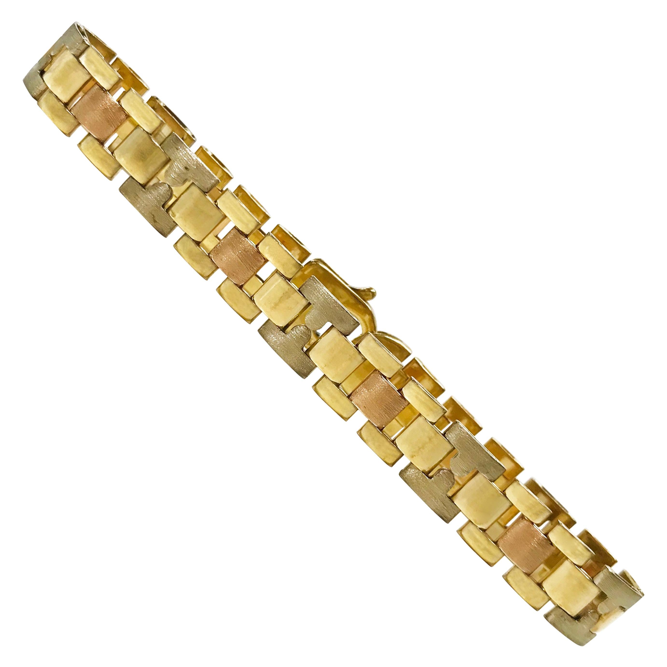 14K Gold Tri Color Retro-Style Interlocking Link Bracelet