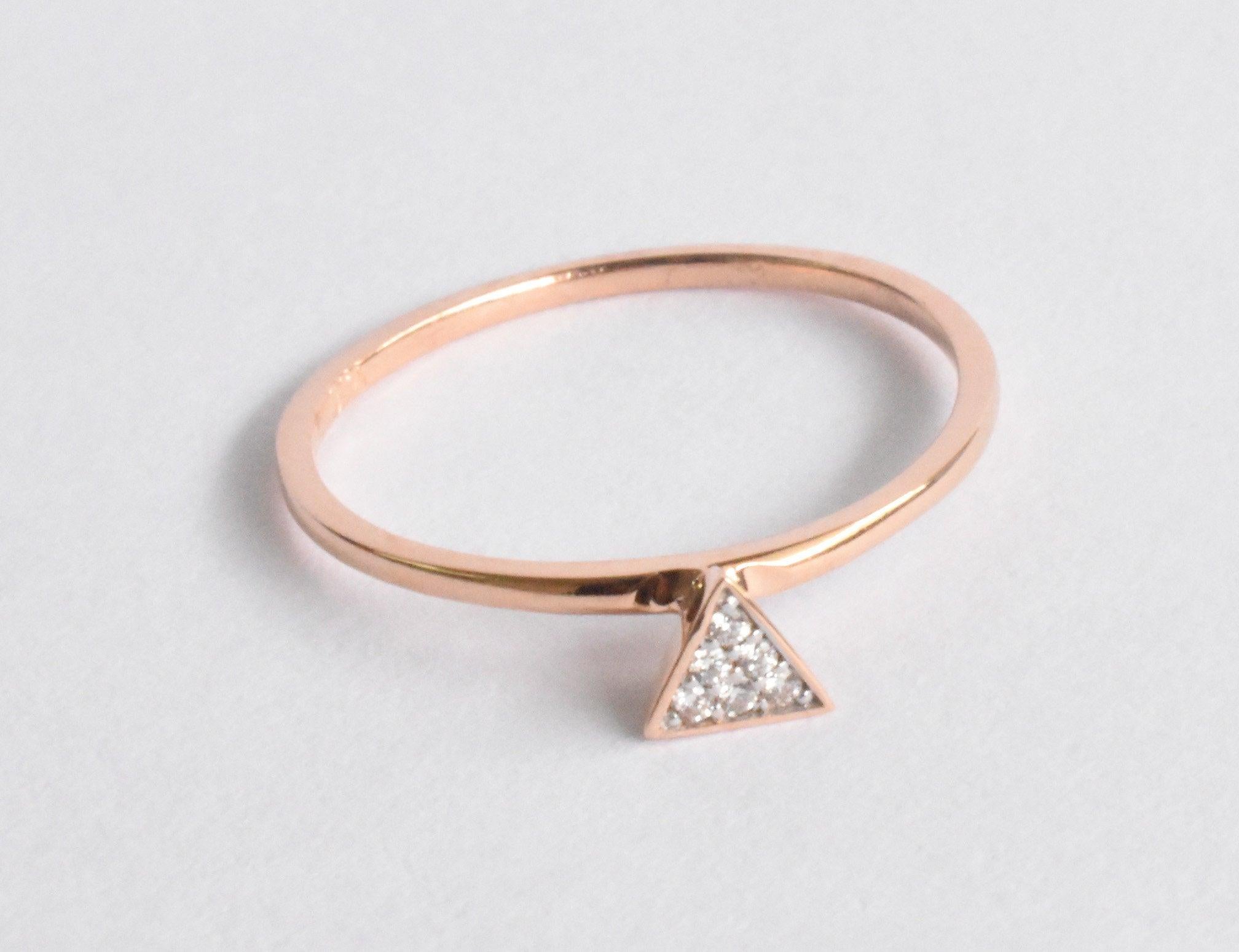 For Sale:  14k Gold Triangle Stacking Ring with White Pave Diamonds Minimalist Ring 2