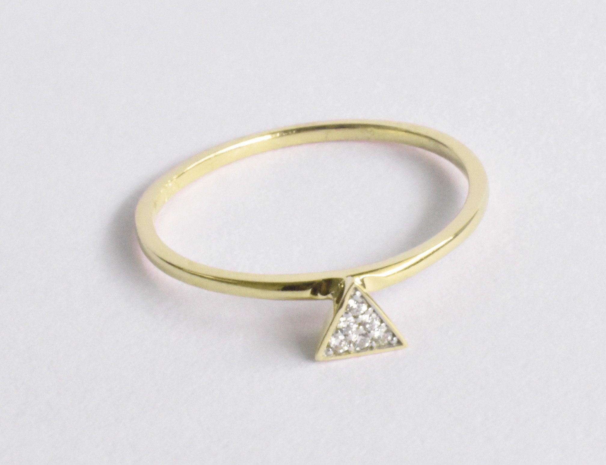 For Sale:  14k Gold Triangle Stacking Ring with White Pave Diamonds Minimalist Ring 3