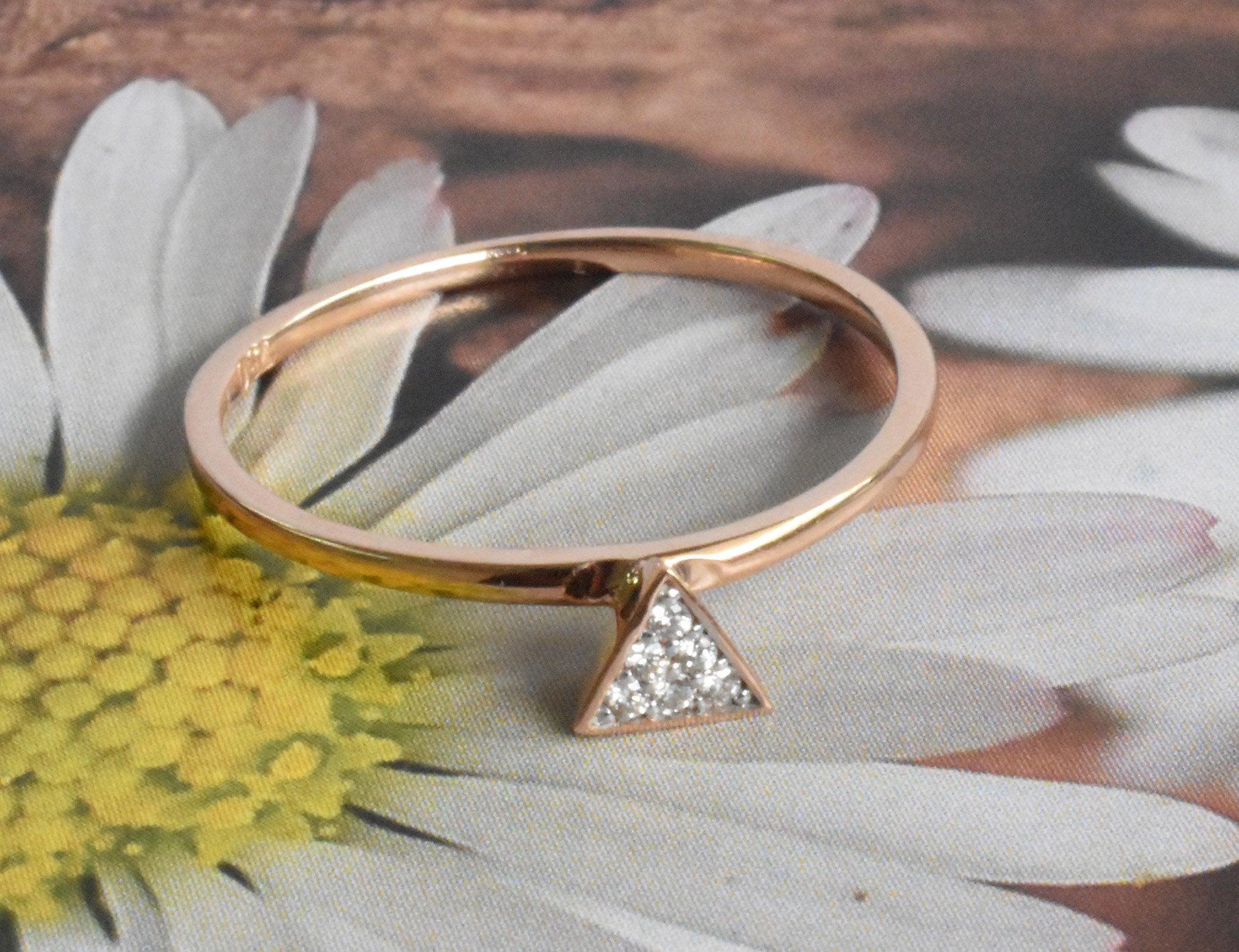 For Sale:  14k Gold Triangle Stacking Ring with White Pave Diamonds Minimalist Ring 5