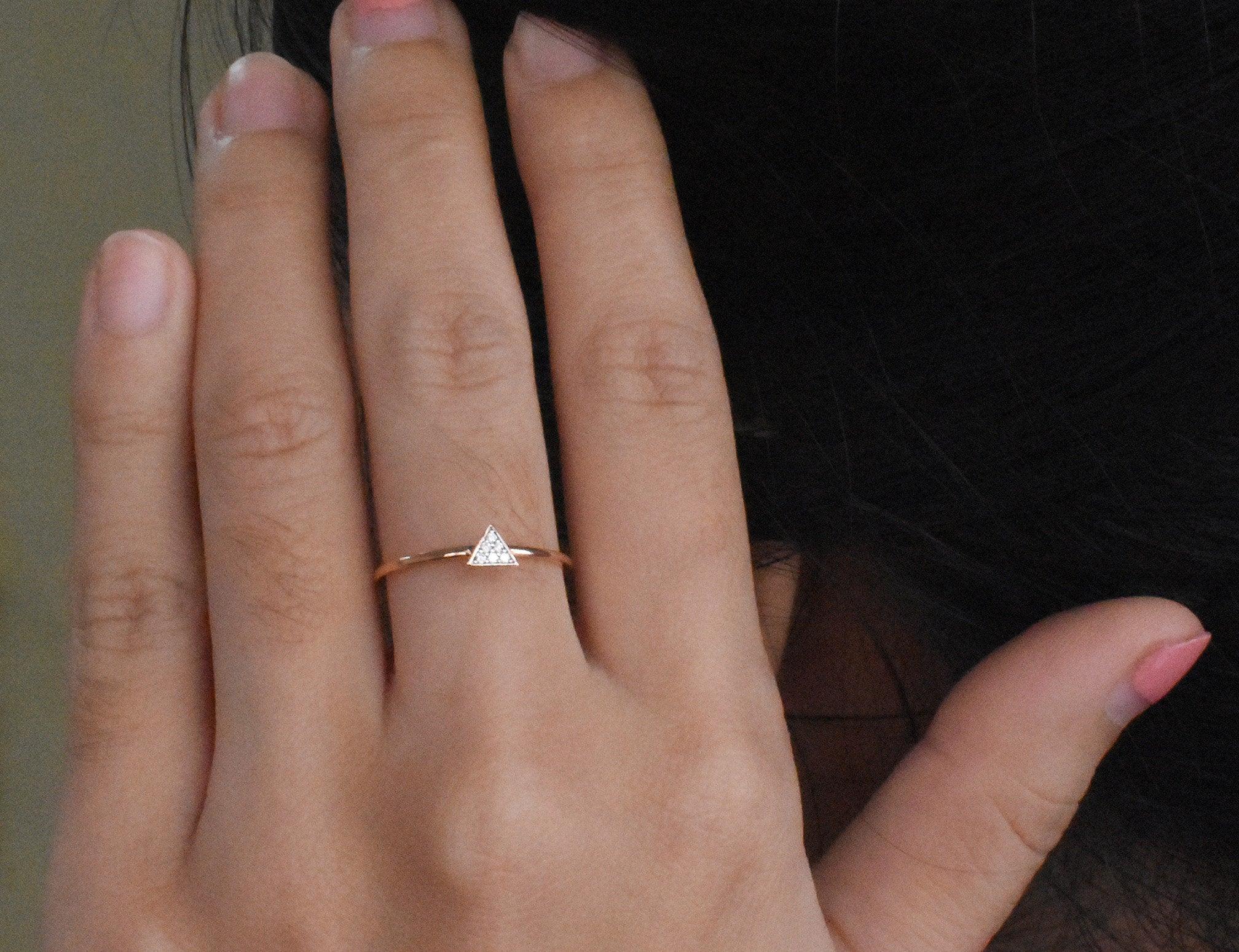 For Sale:  14k Gold Triangle Stacking Ring with White Pave Diamonds Minimalist Ring 8