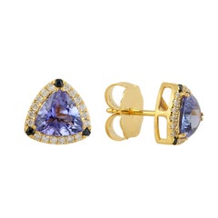 14K Gold Trillion Cut Tanzanite, Diamond Halo & Blue Sapphire Accent Studs