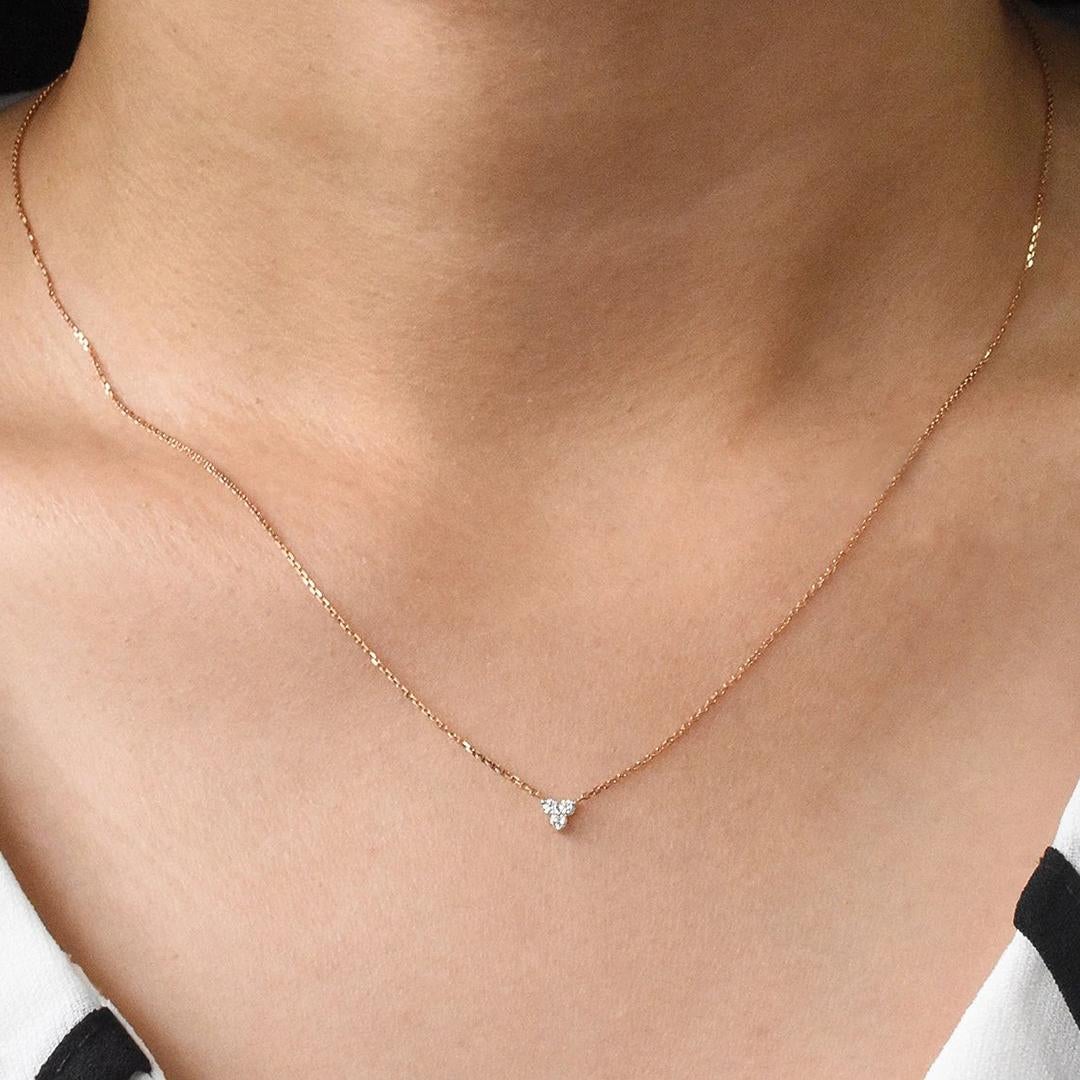 Trio Diamond Necklace is made of 14k solid gold available in three colors of gold, Rose Gold / White Gold / Yellow Gold.

Three brilliant round cut set diamond sits at the center of a thin 14k gold chain. Each diamond is hand selected by me to