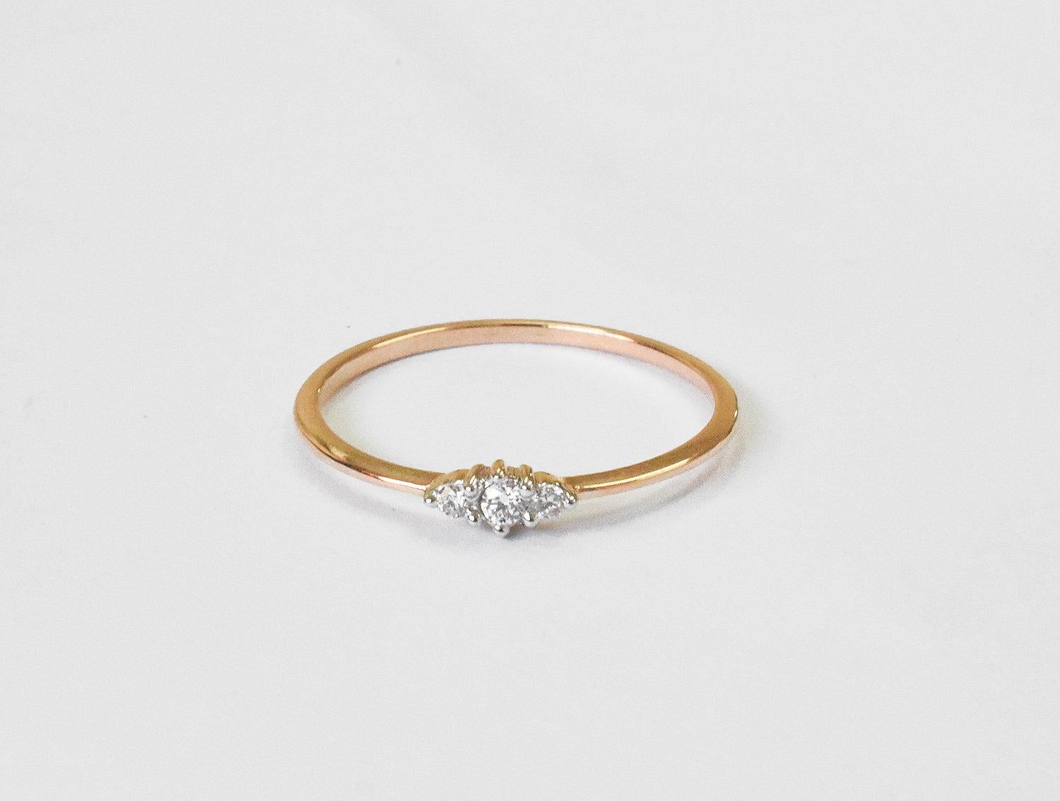 For Sale:  14k Gold Trio Diamond Ring Minimalist Diamond Ring 4