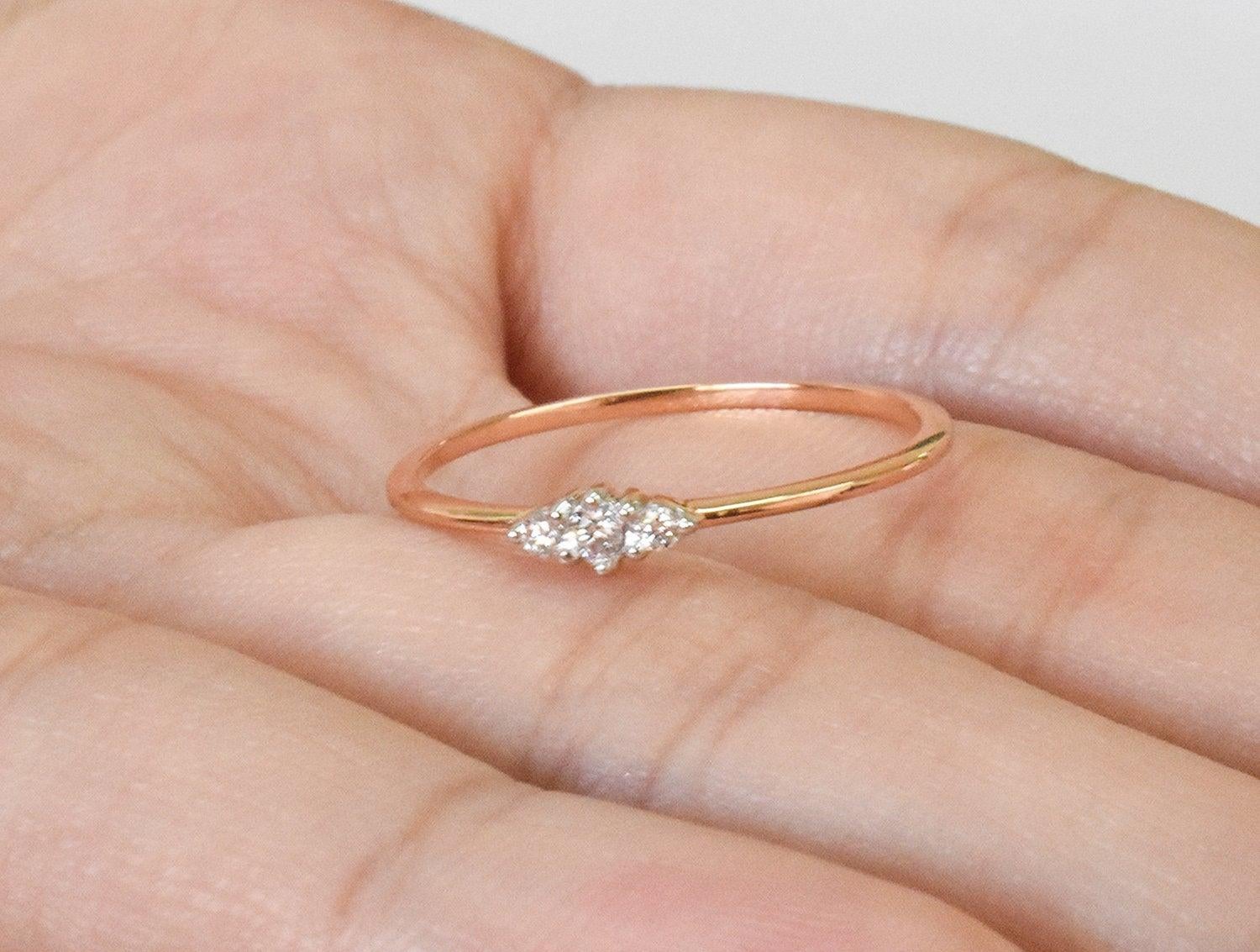 For Sale:  14k Gold Trio Diamond Ring Minimalist Diamond Ring 10