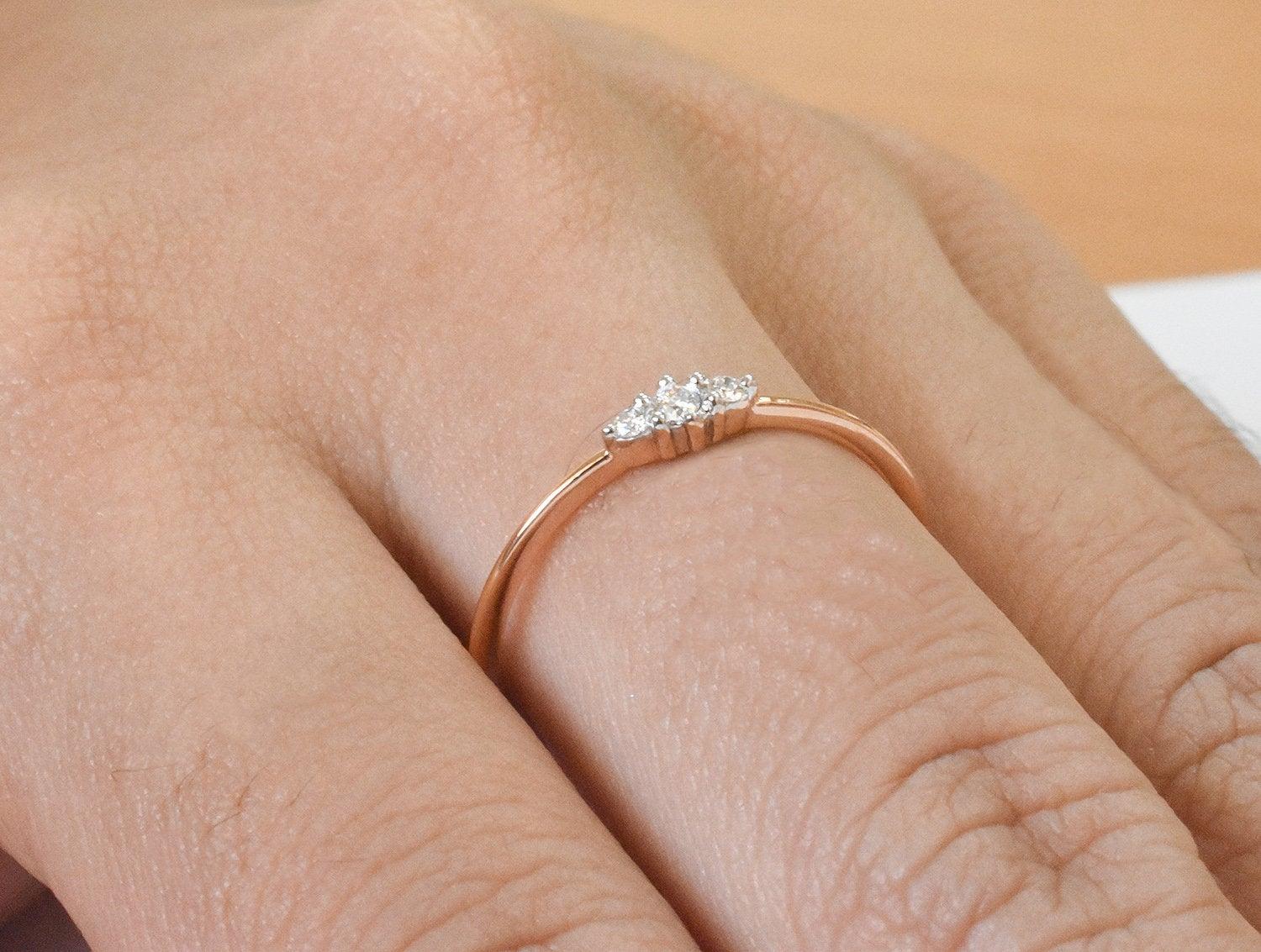 For Sale:  14k Gold Trio Diamond Ring Minimalist Diamond Ring 11