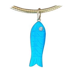 14k Gold Triple Gem Fish Pendant with Turquoise, Diamond & Emerald