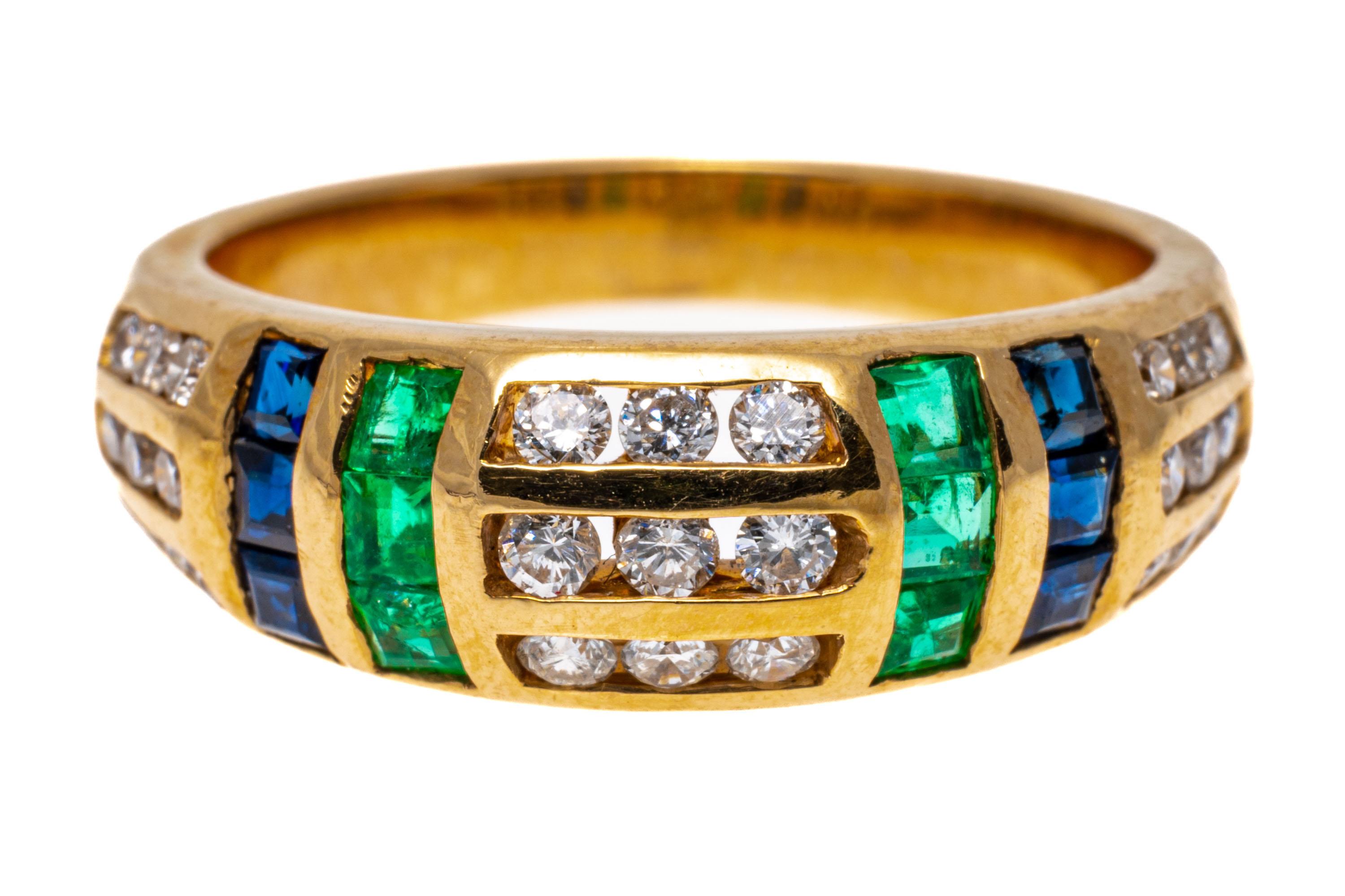 14k Gold Triple Row Diamond and Double Row Emerald and Sapphire Ring For Sale 2