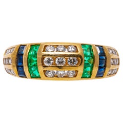 Retro 14k Gold Triple Row Diamond and Double Row Emerald and Sapphire Ring