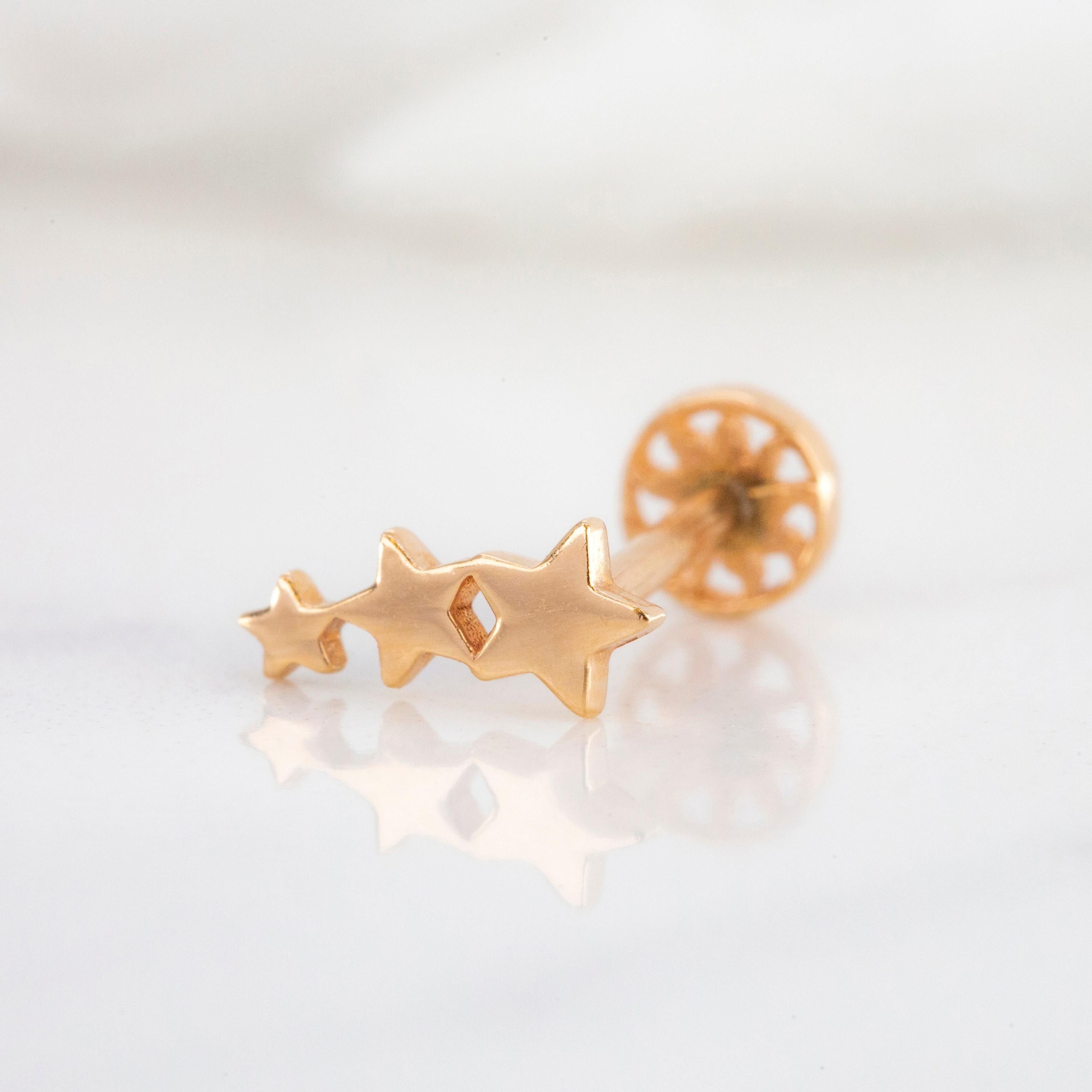 14K Gold Triple Stars Piercing, Gold Three Stars Earring In New Condition For Sale In ISTANBUL, TR