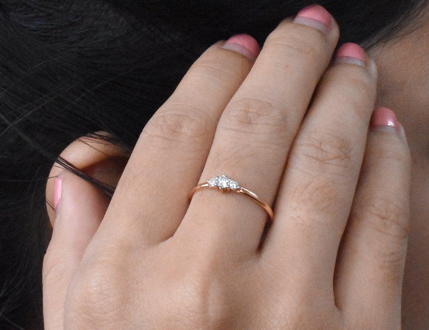 For Sale:  14k Gold Triple Stone Ring Diamond Trio Ring Engagement Ring Diamond 0.05 ct 10