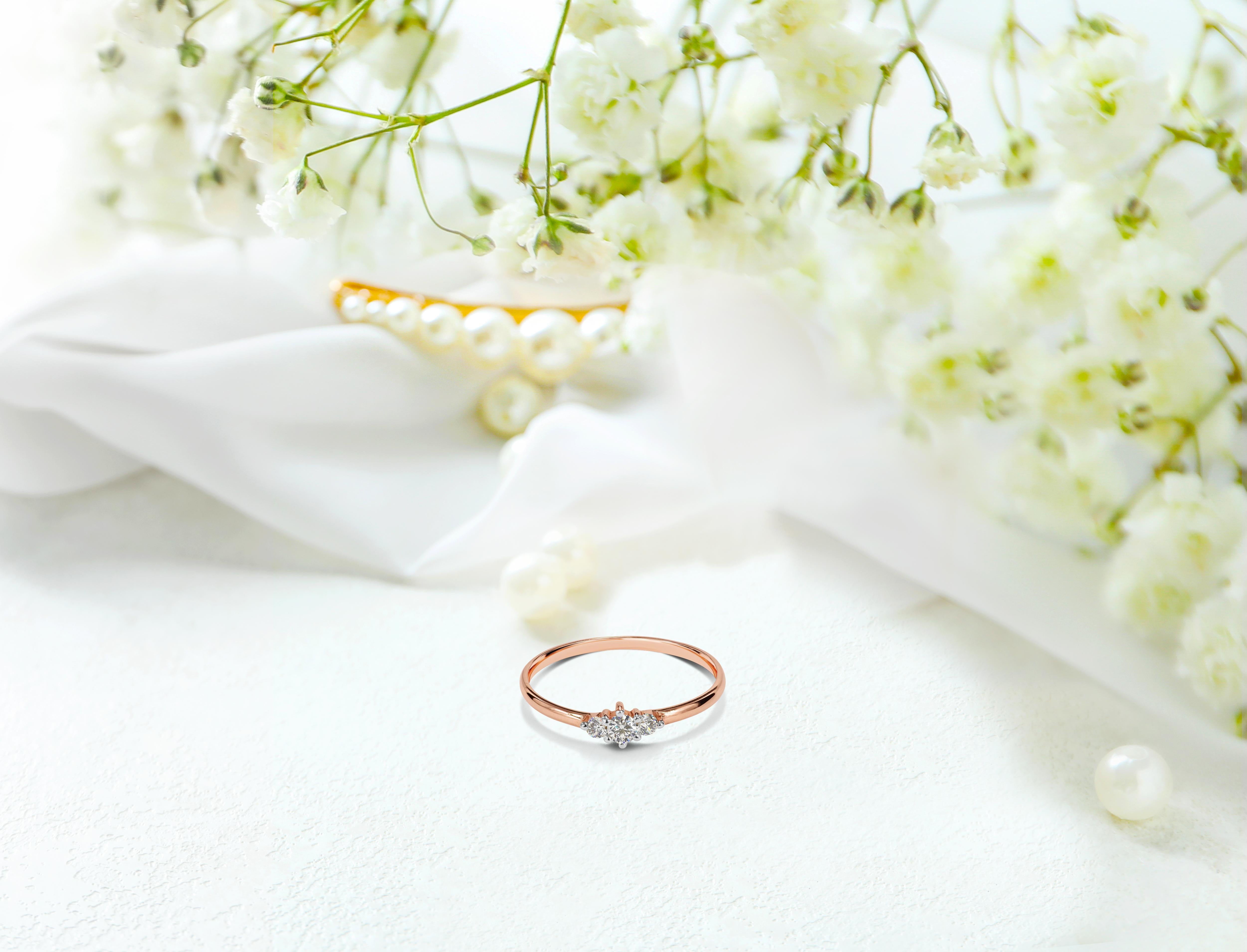 For Sale:  14k Gold Triple Stone Ring Diamond Trio Ring Engagement Ring Diamond 0.05 ct 13
