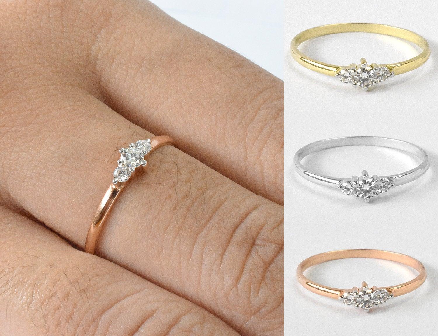 For Sale:  14k Gold Triple Stone Ring Diamond Trio Ring Engagement Ring Diamond 0.05 ct 6