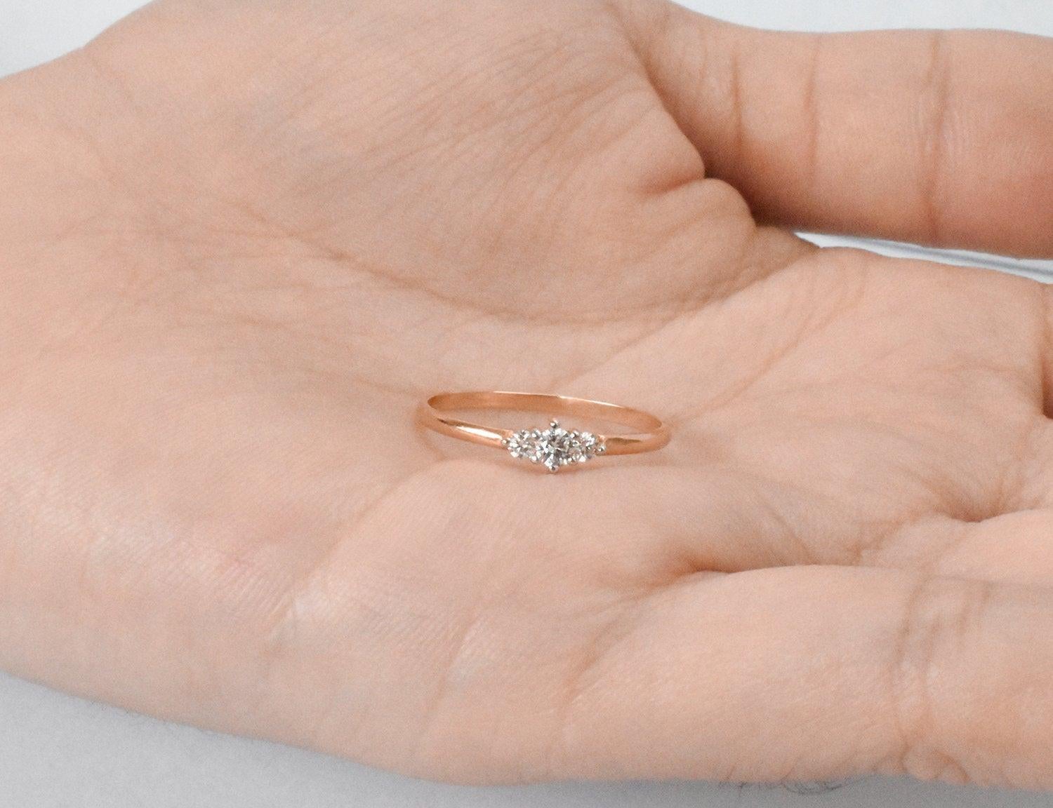 For Sale:  14k Gold Triple Stone Ring Diamond Trio Ring Engagement Ring Diamond 0.05 ct 8