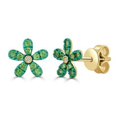 14k Gold Tsavorite & Diamond Flower Stud Earrings