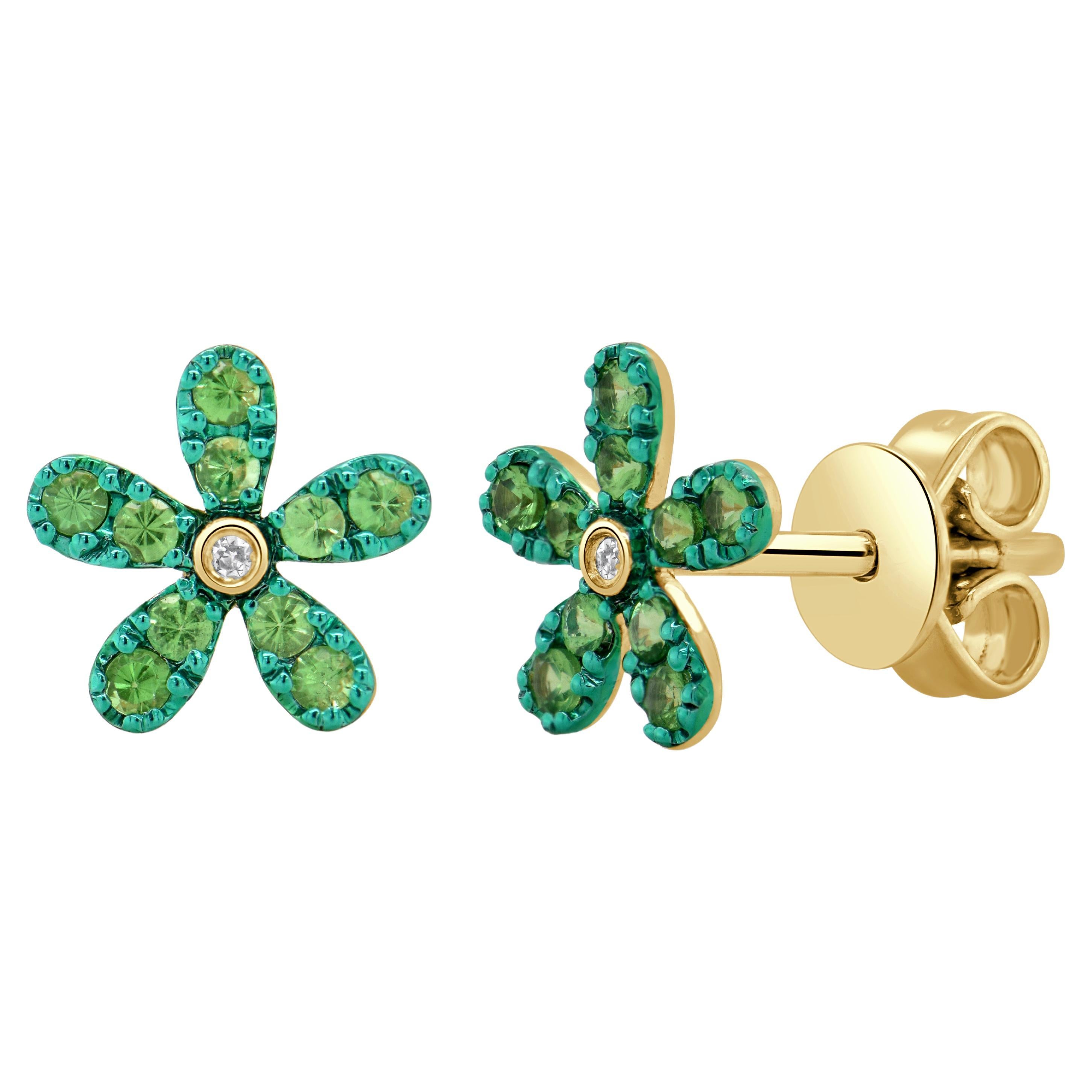 14k Gold Tsavorite & Diamond Flower Stud Earrings For Sale