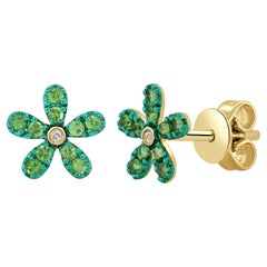 Vintage 14k Gold Tsavorite & Diamond Flower Stud Earrings