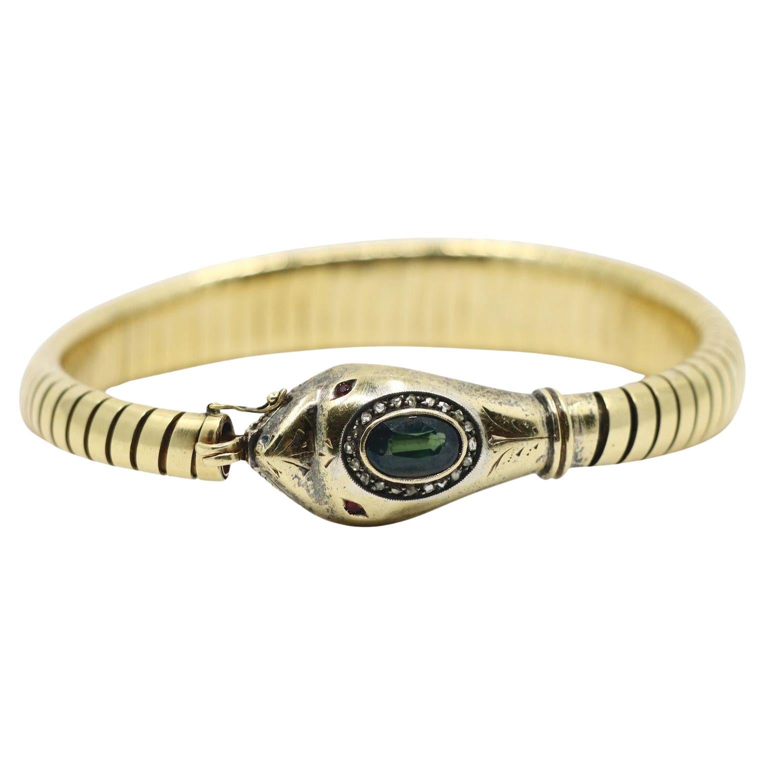 14K Gold Tsavorite Garnet Snake Bracelet