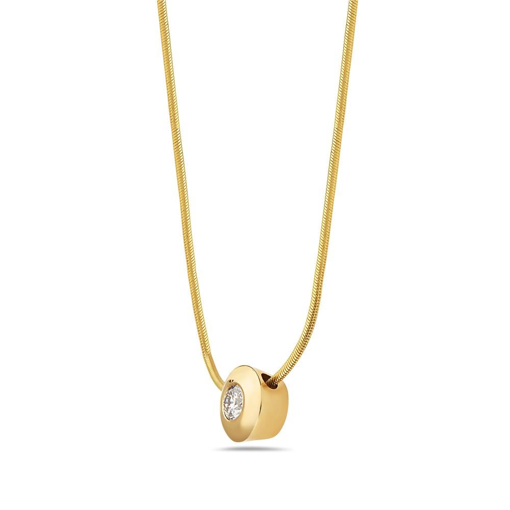 This necklace features a 0.20 carats round diamond set in 14K yellow gold with a tubular 14K yellow gold chain. Made in USA. 