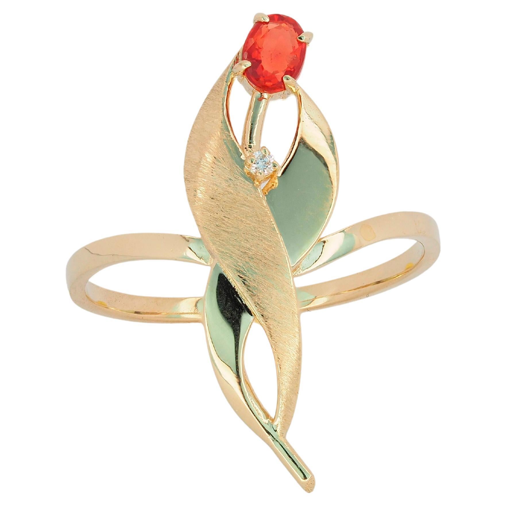 Bague fleur de tulipe en or 14 carats avec saphir et diamants