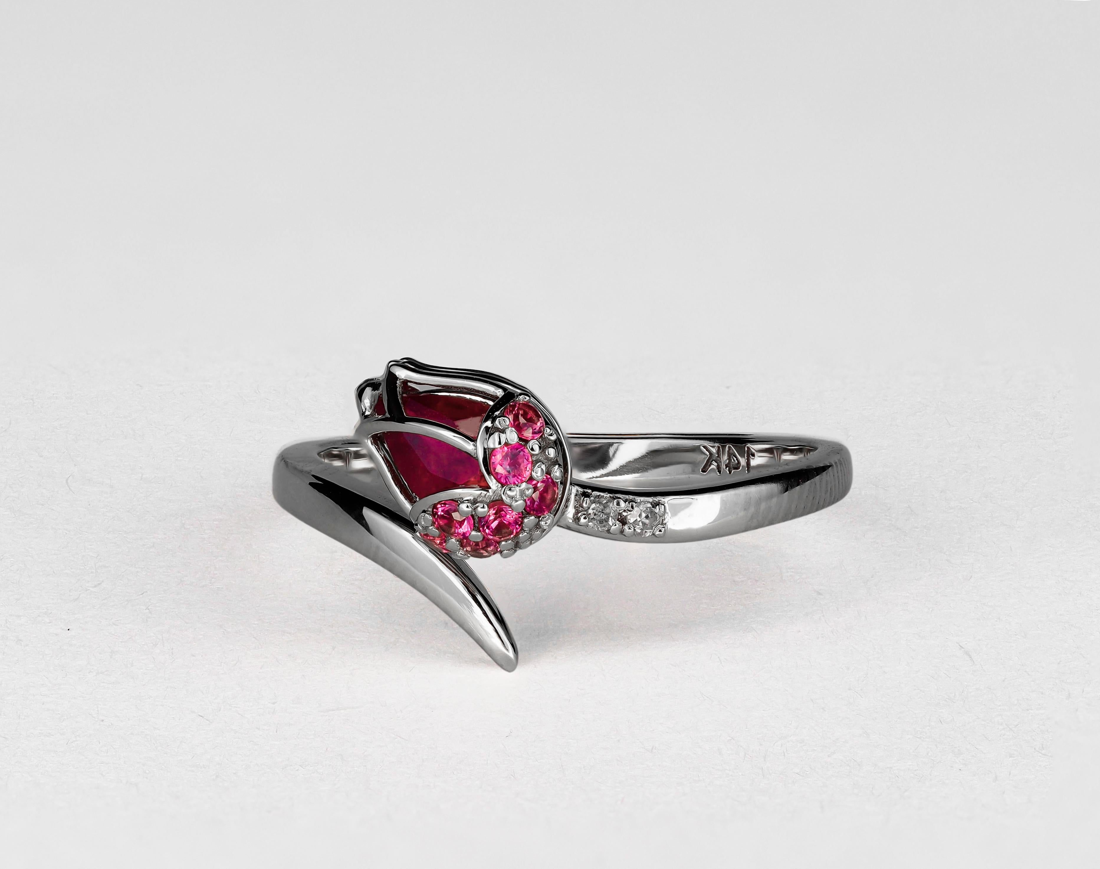 For Sale:  14 karat Gold Ring with Ruby. Gold tulip ring. July birthstone ruby ring 2