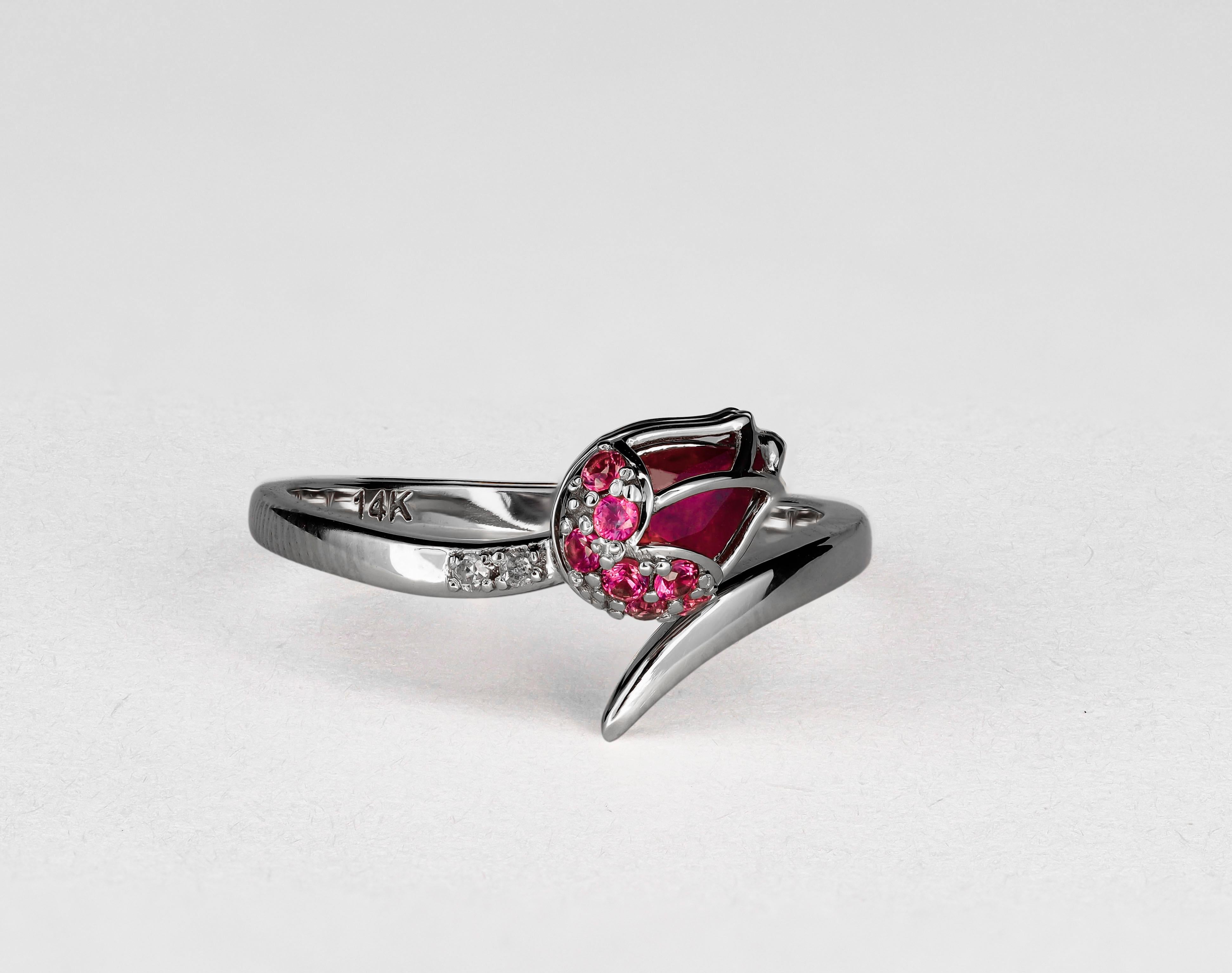 For Sale:  14 karat Gold Ring with Ruby. Gold tulip ring. July birthstone ruby ring 3
