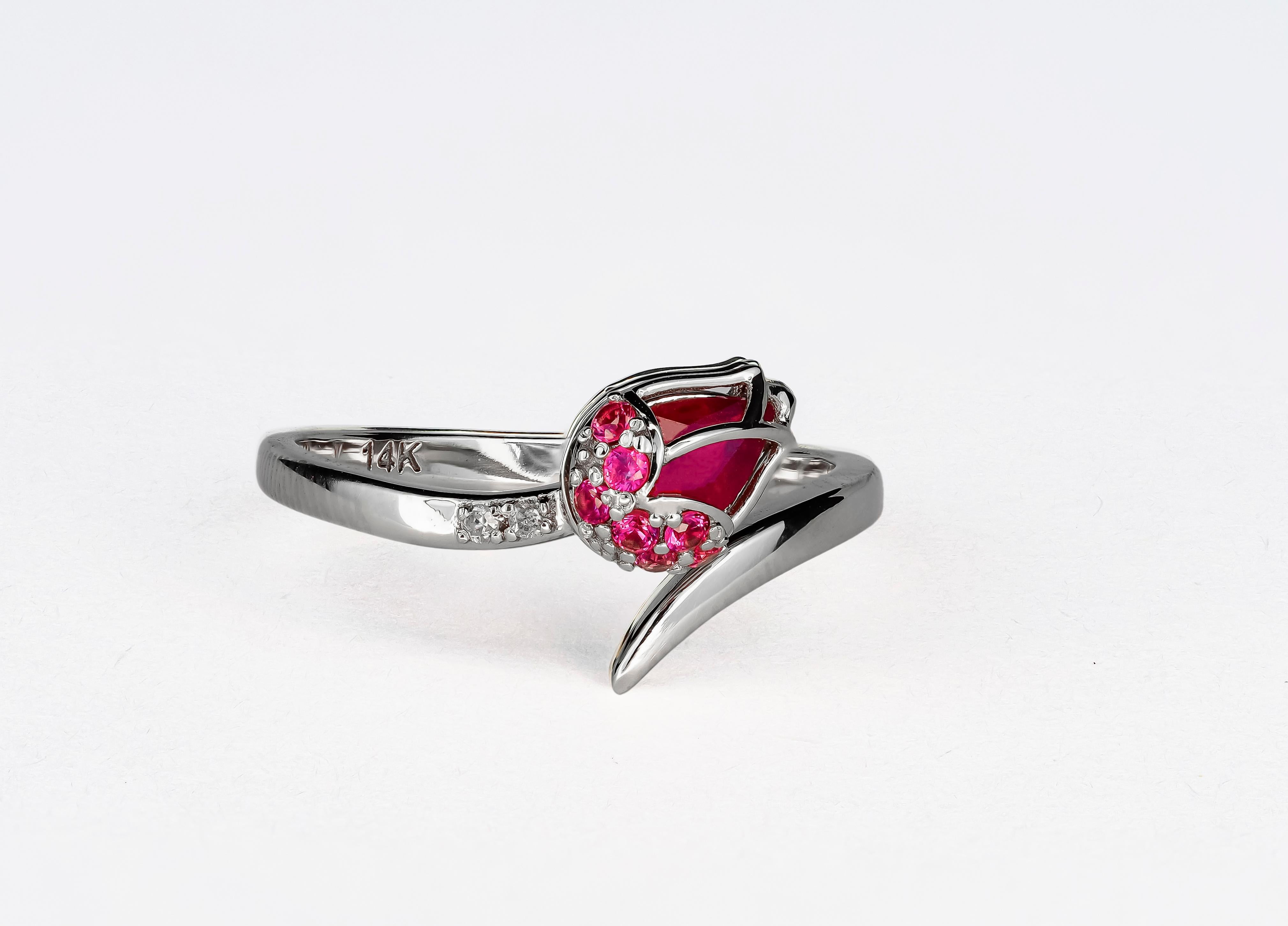 For Sale:  14 karat Gold Ring with Ruby. Gold tulip ring. July birthstone ruby ring 4